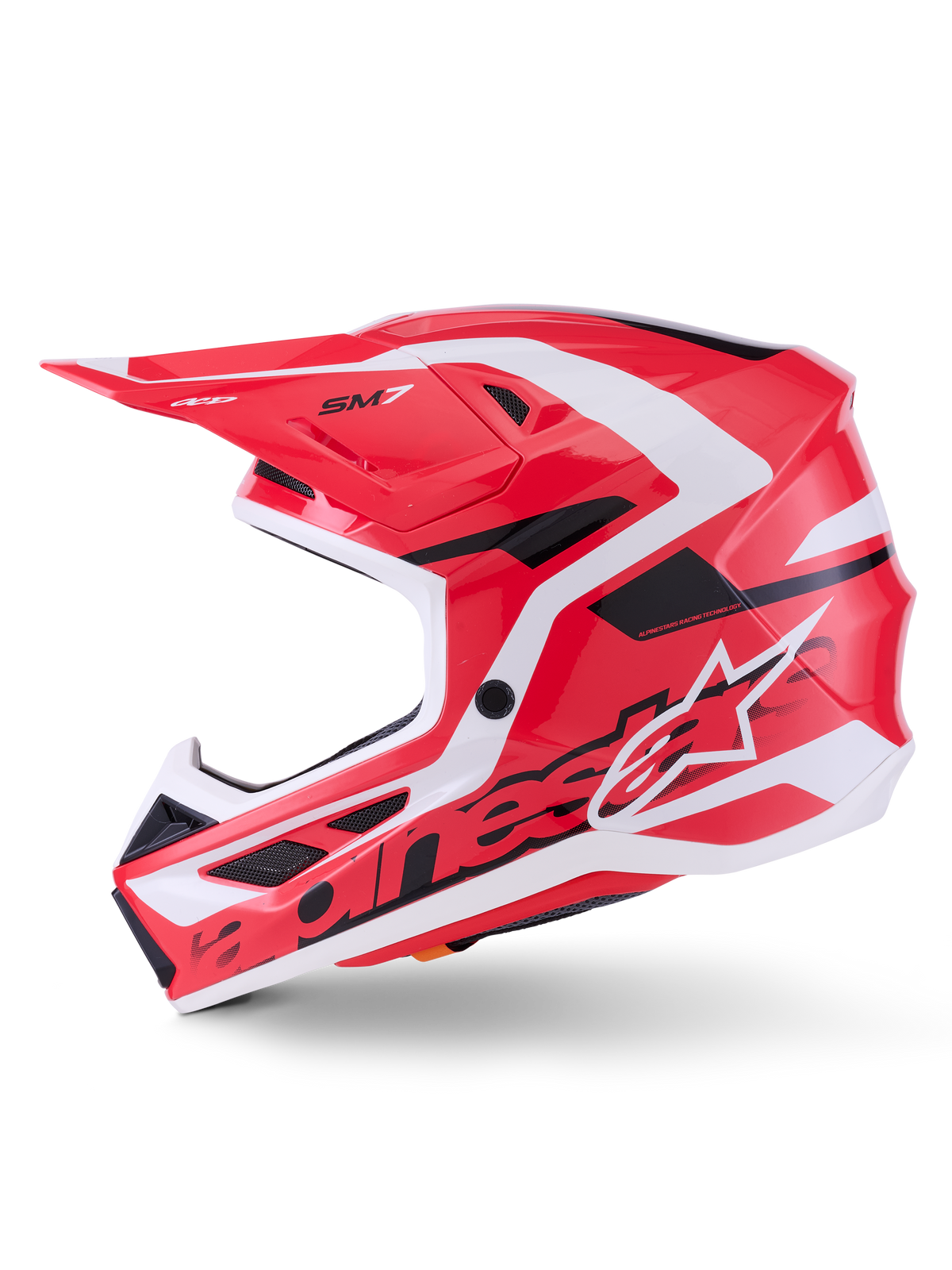 Alpinestars S-M7 Deed Helmet ECE 22.06, kask motocrossowy, czerwono-czarno-biały połysk, widok z boku prezentujący aerodynamiczną skorupę kompozytową, otwory wentylacyjne i branding Alpinestars, zaprojektowany z myślą o ochronie w wyścigach off-road
