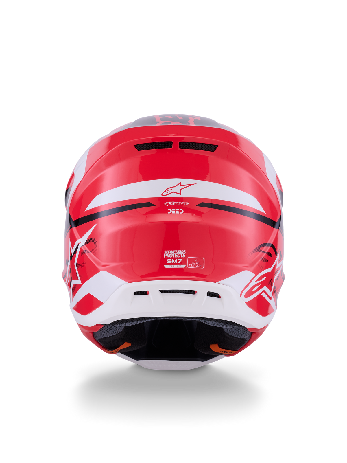 Kask Alpinestars S-M7 Deed, widok z tyłu, czerwono-czarno-biały błyszczący, aerodynamiczna kompozytowa skorupa, tylne otwory wentylacyjne i logo Alpinestars, profesjonalna ochrona głowy do wyścigów motocrossowych