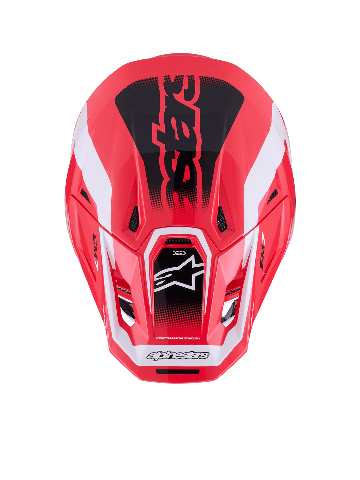 Kask Alpinestars S-M7 Deed, kask motocrossowy, czerwono-czarno-biały, błyszczący, widok z góry przedstawiający aerodynamiczną skorupę kompozytową i otwory wentylacyjne, logo Astars i wyraźny branding, profesjonalny sprzęt do wyścigów off-road