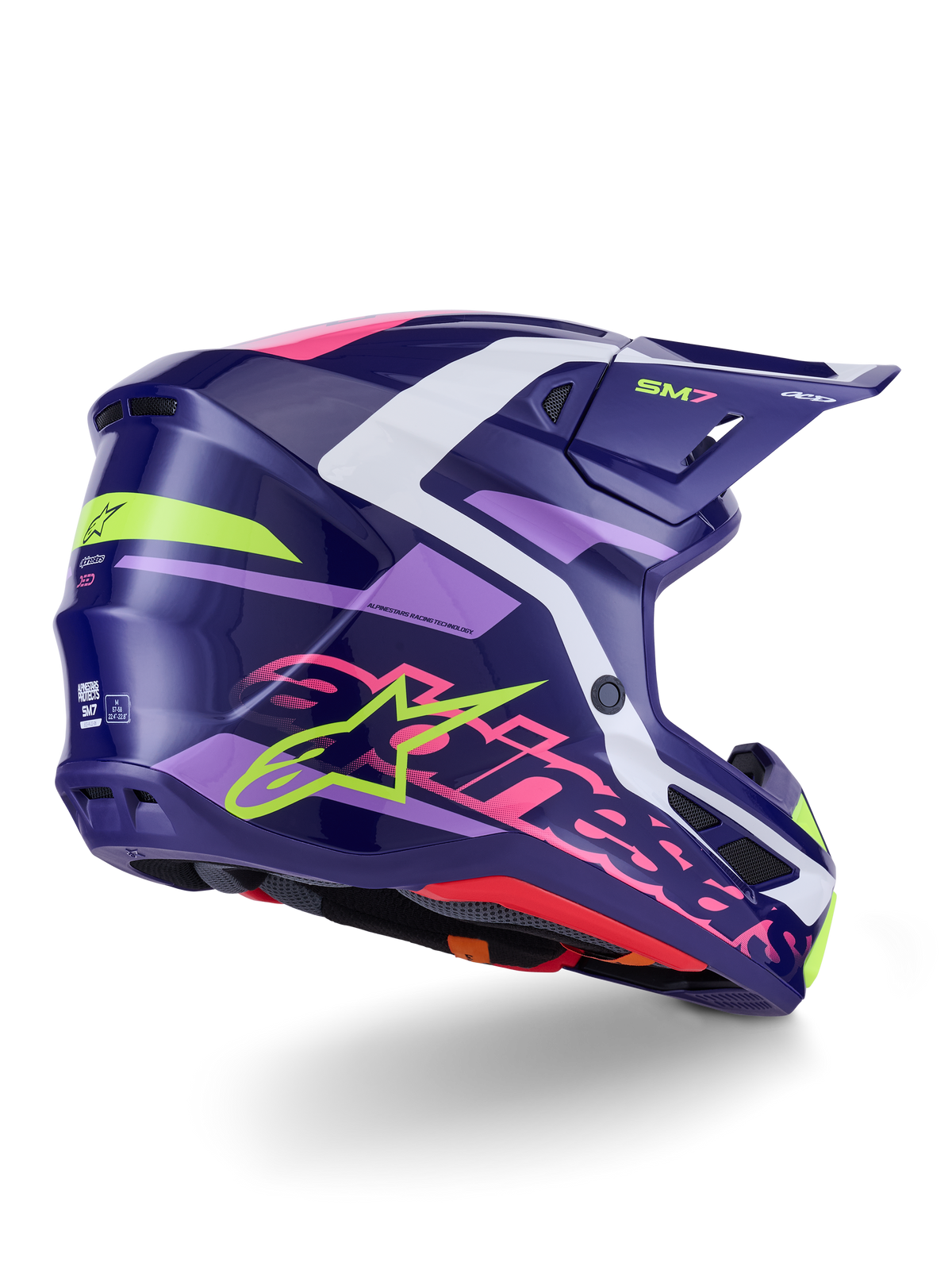 Alpinestars S-M7 Deed Helmet, Motocross Helmet, Purple Pink Glossy, side-rear view with white and lime green accents, bold pink Alpinestars wordmark and star logo, aerodynamic composite shell design for off-road performance