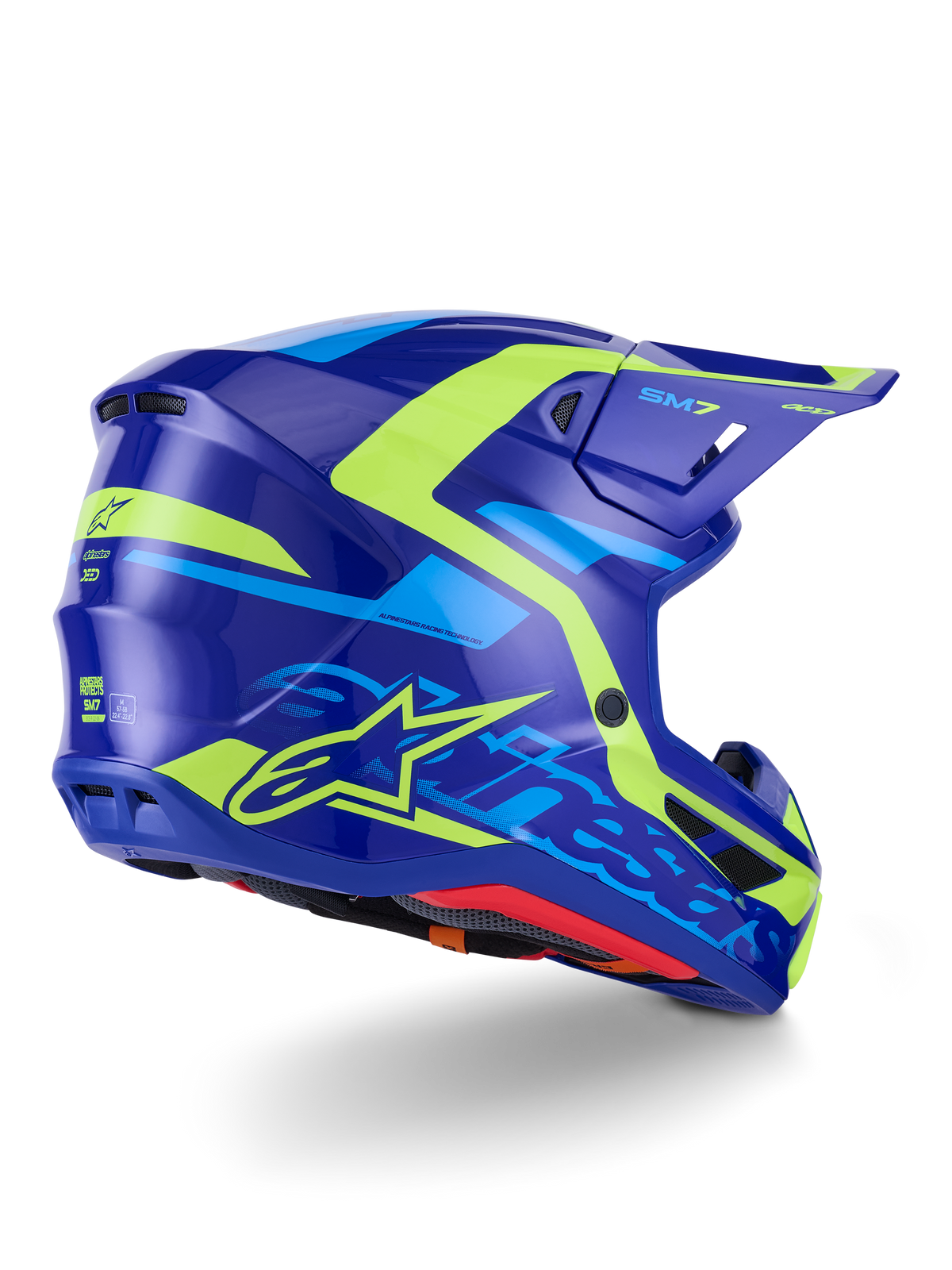 Alpinestars S-M7 Deed Helmet ECE 22.06, kask motocrossowy, niebieski i żółty neonowy połysk, widok z boku i z tyłu, aerodynamiczny profil, wyraźne logo Alpinestars z jaskrawymi neonowożółtymi akcentami, wydajne otwory wentylacyjne, błyszczące wykończenie