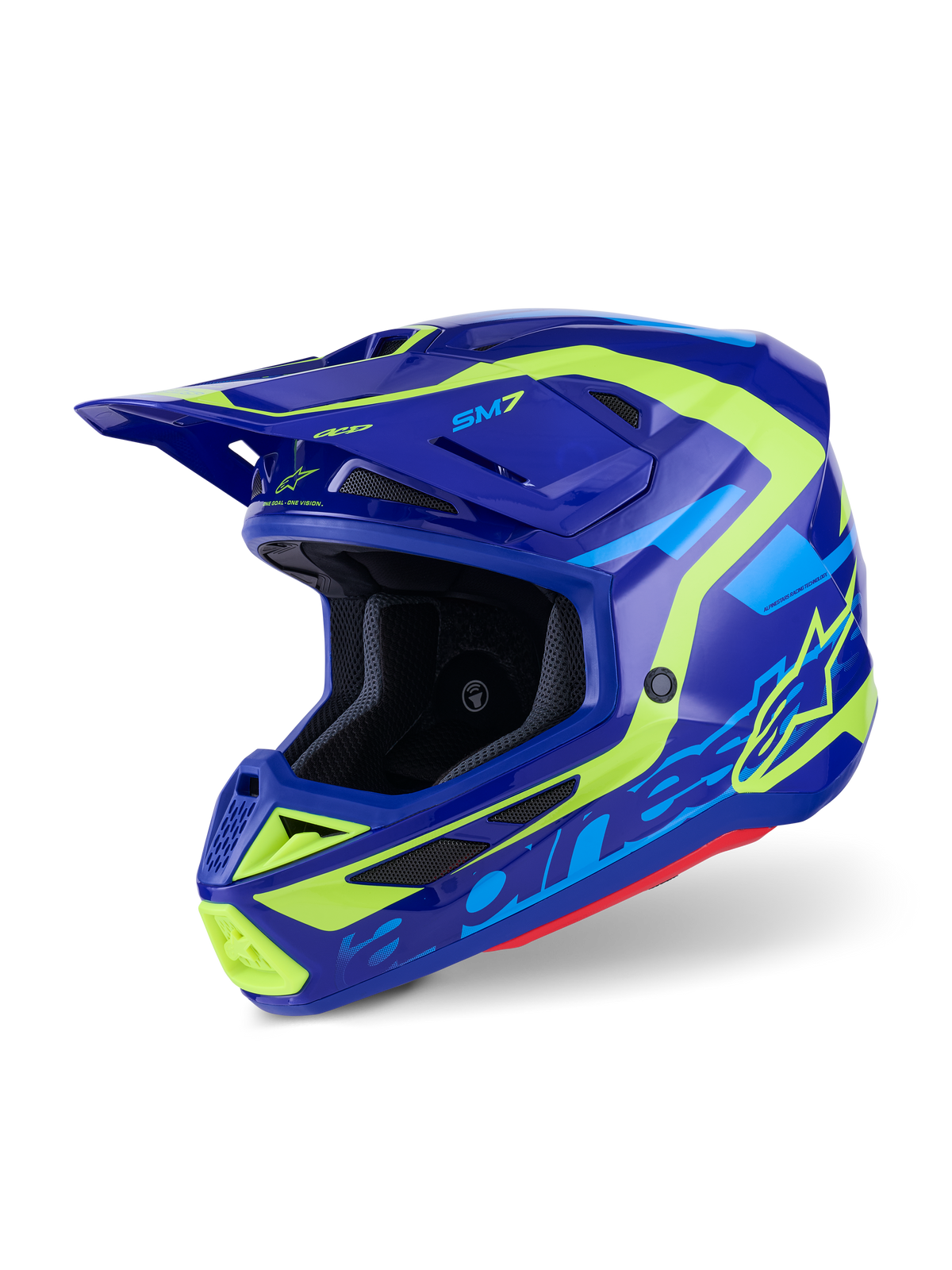 Kask Alpinestars S-M7 Deed, kask motocrossowy, niebieski i neonowy żółty z połyskiem, aerodynamiczny design z wieloma otworami wlotowymi, wyraźne logo Alpinestars i logo SM7, profesjonalna ochrona do wyścigów off-road