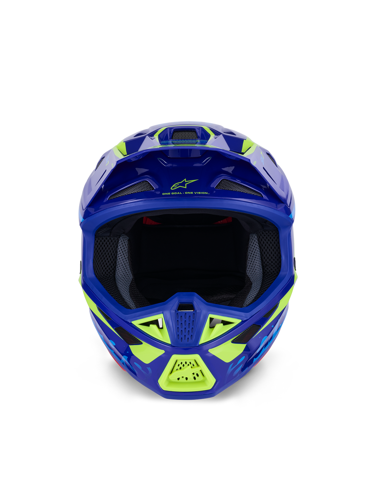 Kask Alpinestars S-M7 Deed, kask motocrossowy, niebiesko-żółty neonowy błyszczący, widok z przodu podkreślający szeroki otwór na gogle i liczne wloty powietrza osłonięte siatką, aerodynamiczna skorupa z neonowożółtymi akcentami i logo Alpinestars, profesjonalna ochrona głowy do wyścigów off-road