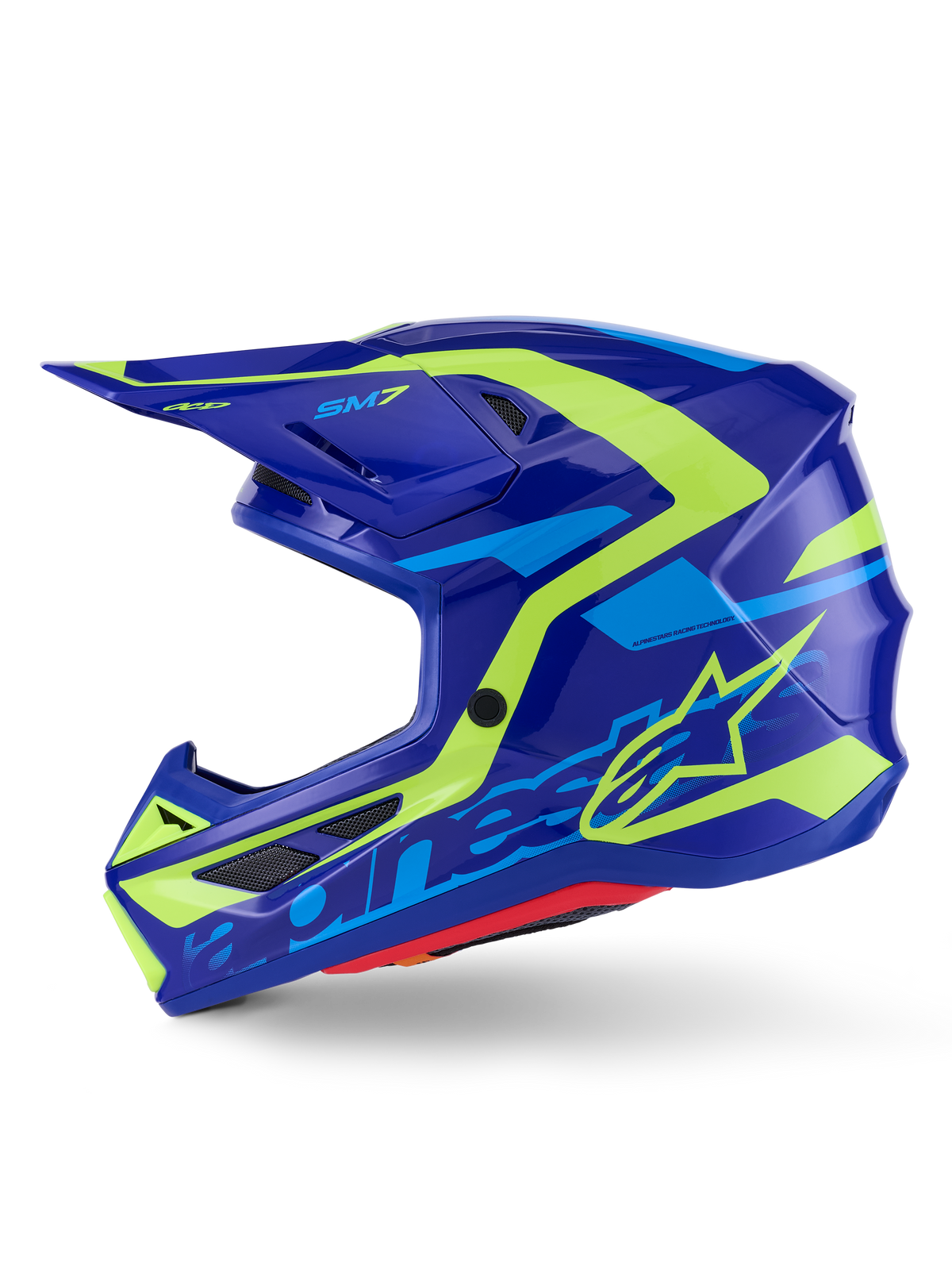 Kask Alpinestars S-M7 Deed, kask motocrossowy, niebieski i żółty neonowy połysk, widok z boku, smukła aerodynamiczna kompozytowa skorupa z jaskrawymi żółtymi i jasnoniebieskimi grafikami, otwory wentylacyjne osłonięte siatką i daszek zapewniający wydajność w terenie