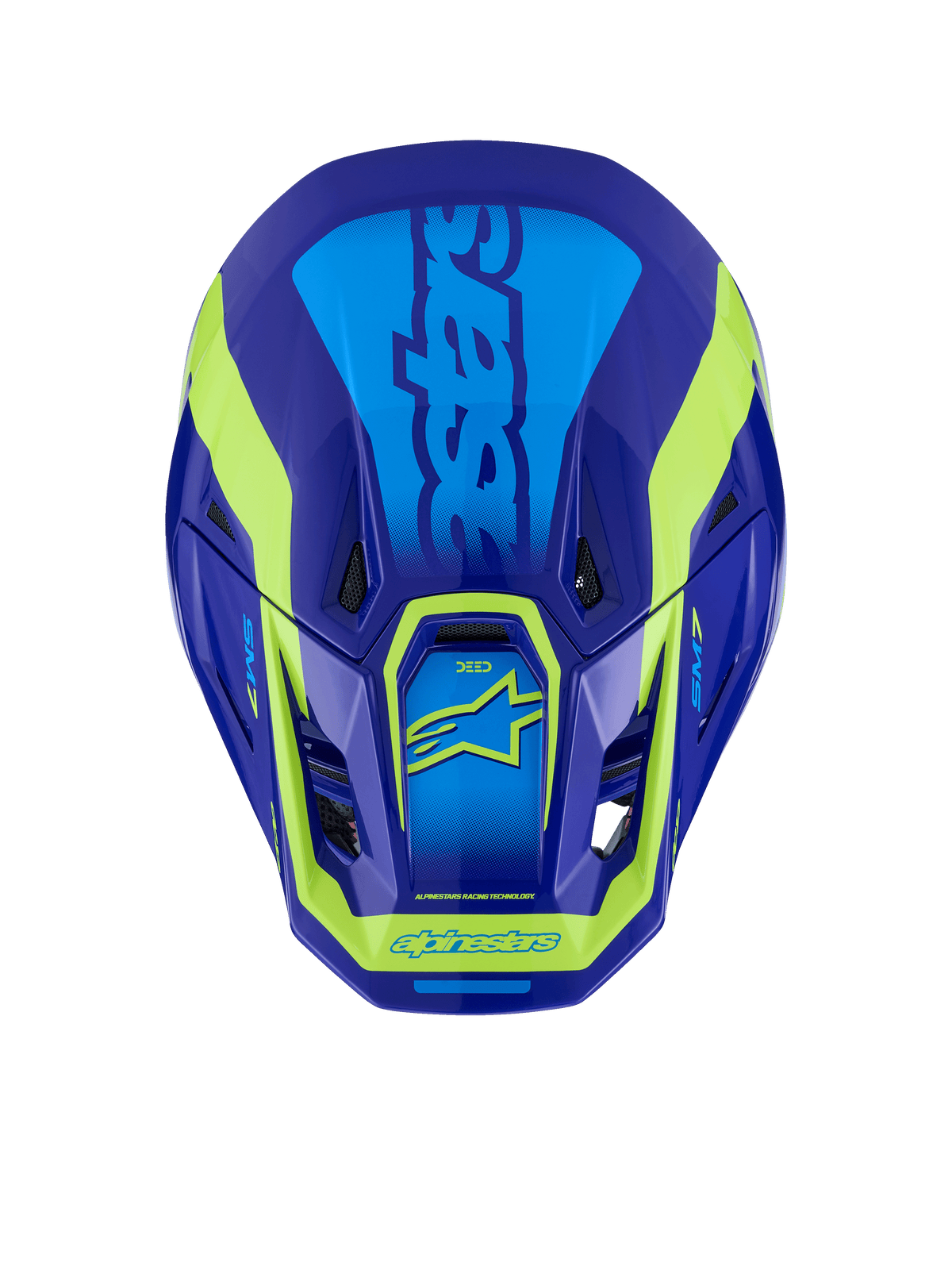 Kask Alpinestars S-M7 Deed, kask motocrossowy, niebieski i żółty fluo błyszczący, widok z góry przedstawiający aerodynamiczną skorupę, otwory wentylacyjne oraz charakterystyczne żółte neonowe logo na tle głębokiego niebieskiego wykończenia.