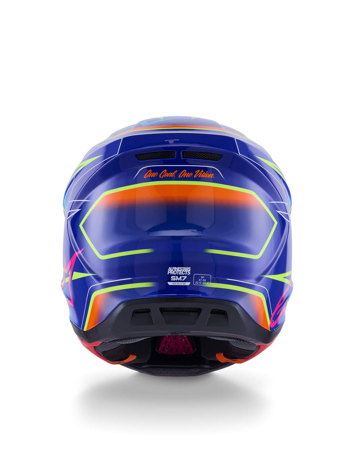 Alpinestars S-M7 Cast Helmet ECE 22.06, kask motocrossowy, niebieski, różowy i żółty fluo w połysku, widok z tyłu pokazujący slogan „One Goal. One Vision.”, aerodynamiczna kompozytowa skorupa ze zintegrowanymi otworami wentylacyjnymi i jaskrawymi neonowymi akcentami
