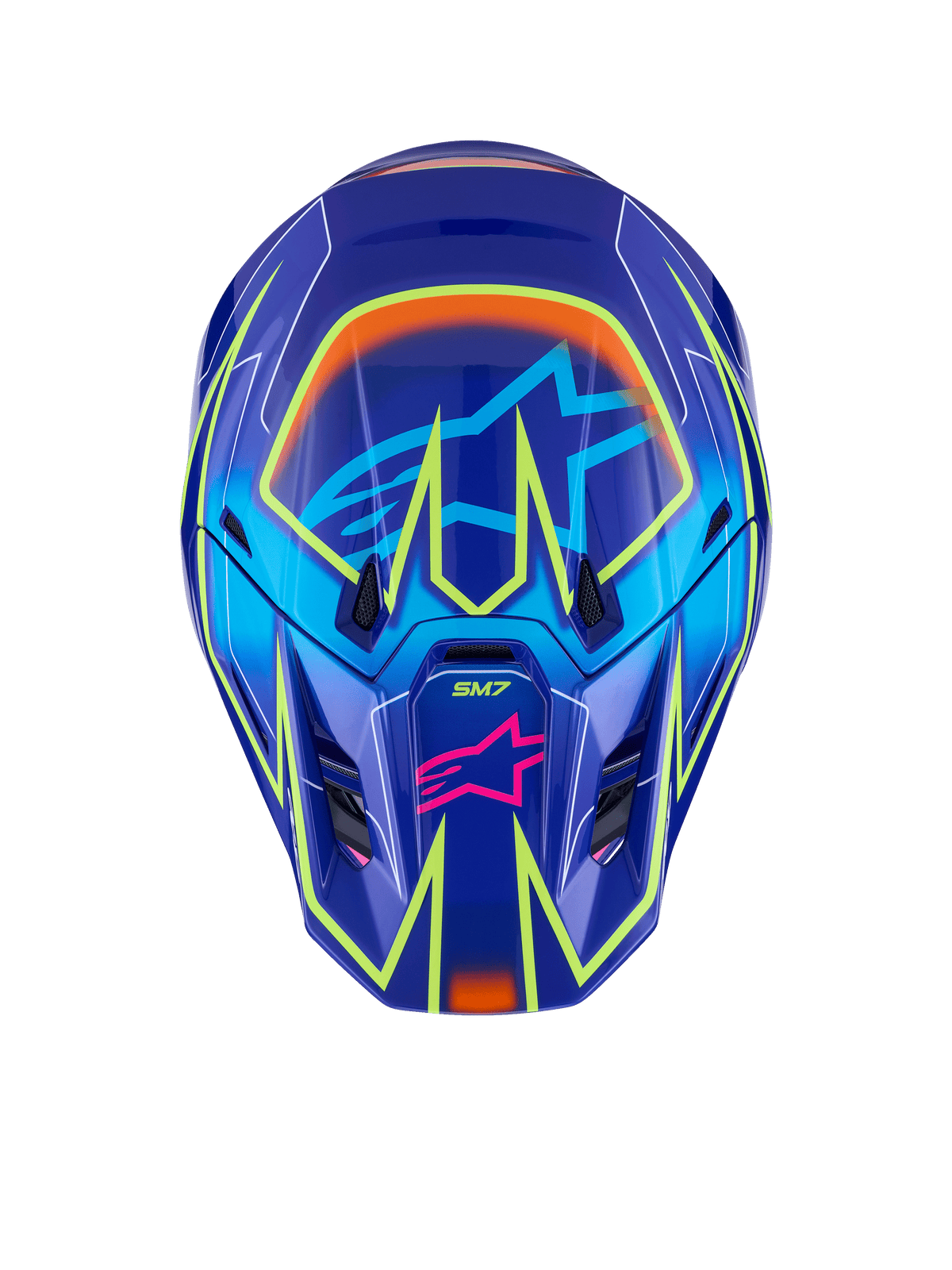 Kask Alpinestars S-M7 Cast, kask motocrossowy, niebieski, różowy i żółty fluo z połyskiem, widok z przodu z wyrazistymi żółtymi neonowymi liniami geometrycznymi, różowe logo gwiazdy Alpinestars na części szczękowej i jasnoniebieskie logo gwiazdy na daszku, aerodynamiczna konstrukcja skorupy do wyścigów terenowych