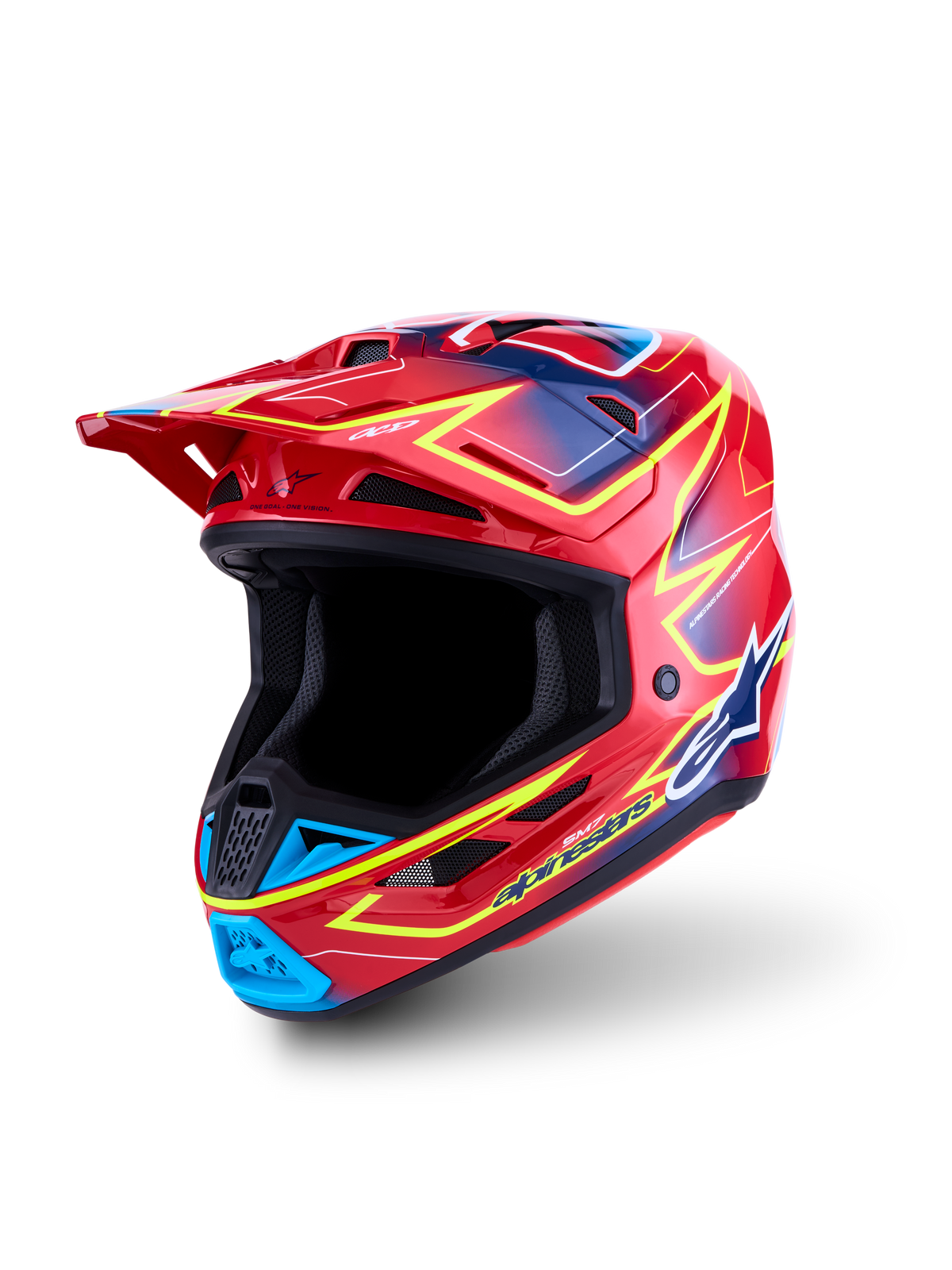 Alpinestars S-M7 Cast ECE06, kask motocrossowy, czerwony z jaskrawożółtymi i niebieskimi detalami, certyfikat ECE 22.06.