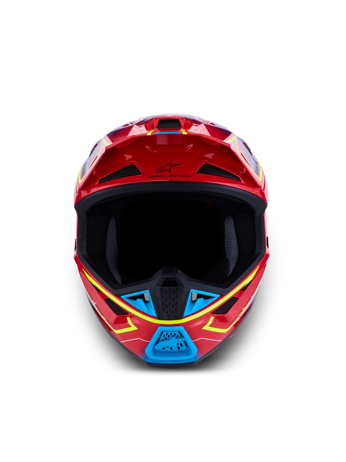 Alpinestars S-M7 Cast ECE06, kask motocrossowy wyścigowy, błyszczący czerwony, niebieski i jaskrawożółty, certyfikat ECE 22.06, widok z przodu