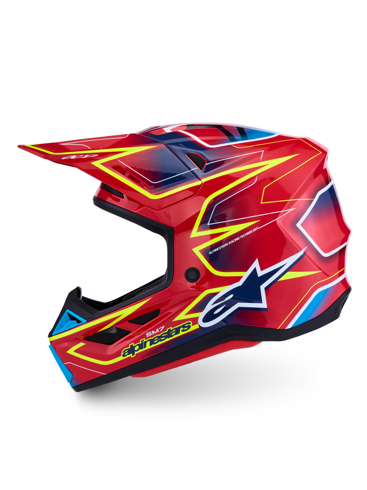 Kask Alpinestars S-M7 Cast ECE06, kask motocrossowy, czerwony i żółty fluo, aerodynamiczna skorupa, niebieskie detale, certyfikat ECE 22.06, profesjonalna ochrona do jazdy off-road