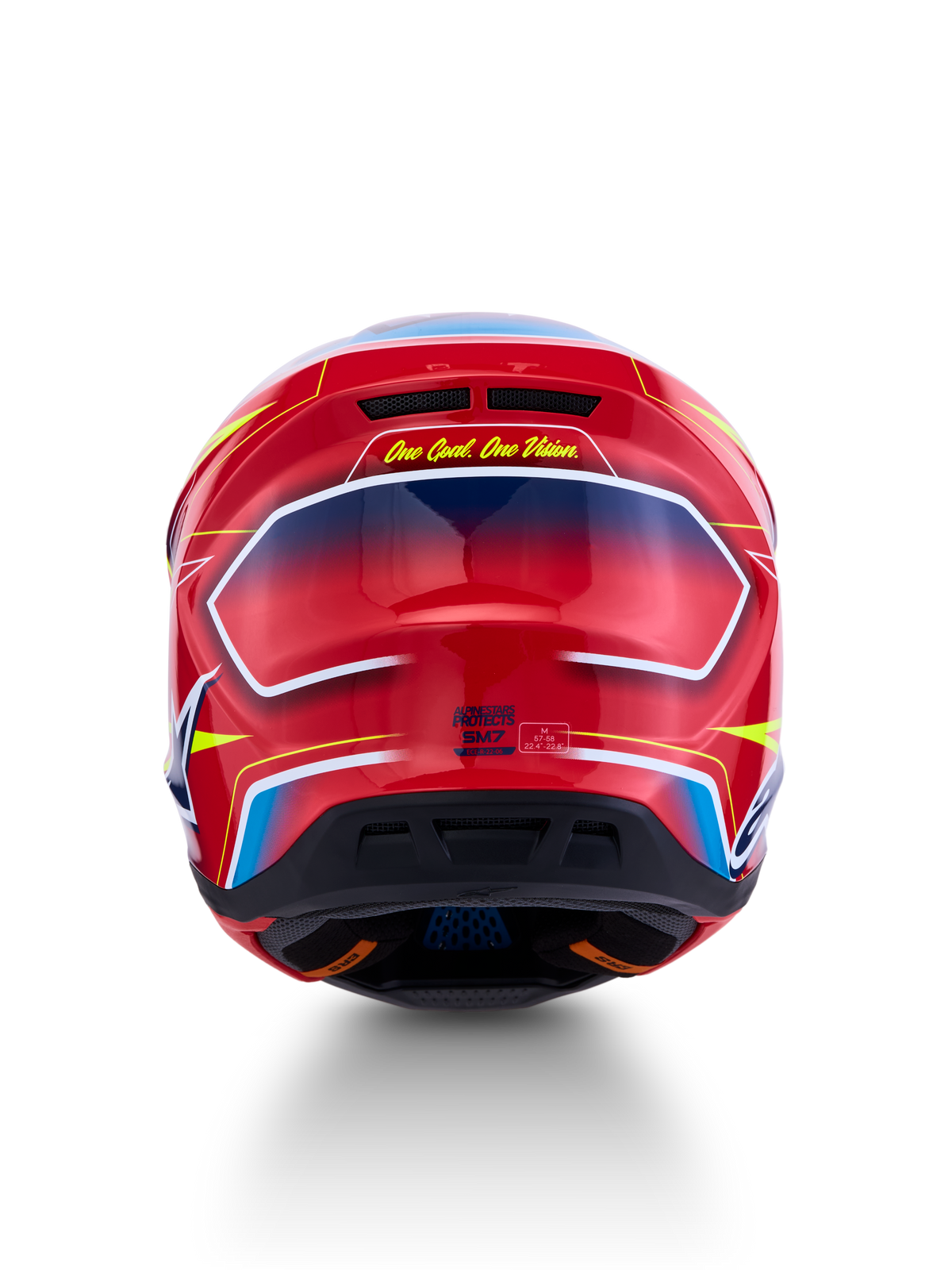 Kask Alpinestars S-M7 Cast ECE06, czerwony i niebieski połyskujący kask motocrossowy o aerodynamicznym profilu.