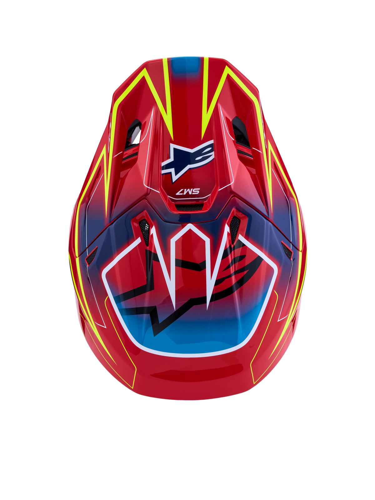 Alpinestars S-M7 Cast ECE06, kask motocrossowy, czerwony, żółty fluo i niebieski błyszczący, certyfikat ECE 22.06, widok z góry.