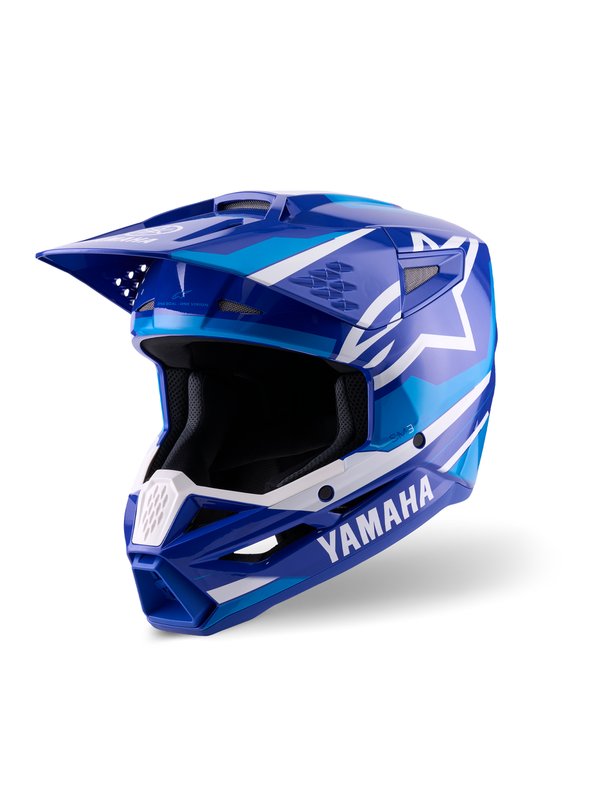 Kask Alpinestars Yamaha S-M3, kask motocrossowy, niebiesko-biały z połyskiem, z wyraźnym logo Yamaha i gwiazdą Alpinestars, kanciasty design z daszkiem i wentylowaną osłoną szczęki, profesjonalny sprzęt do wyścigów off-road