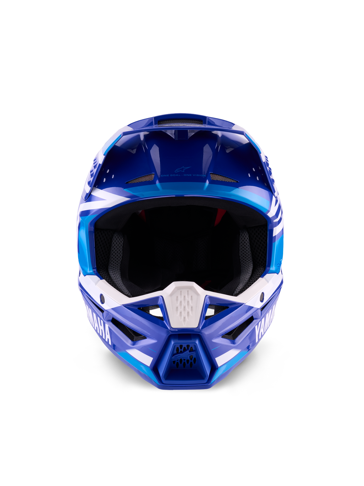 Yamaha S-M3 Helmet ECE 22.06, kask motocrossowy, niebiesko-biały z połyskiem, widok z przodu podkreślający ochronną szczękę z brandingiem Yamaha i licznymi otworami wentylacyjnymi
