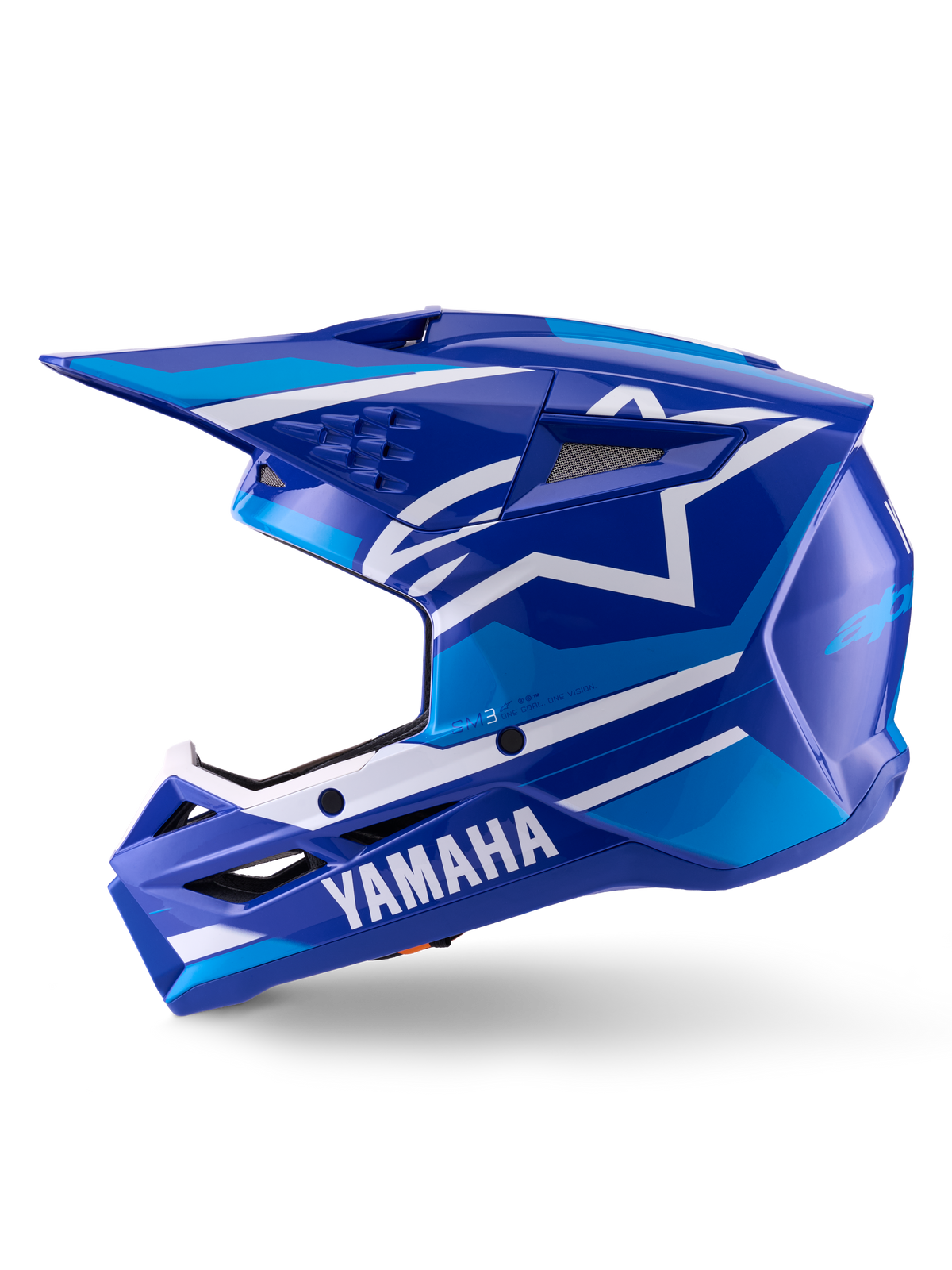 Alpinestars Yamaha S-M3 Helmet, kask motocrossowy, niebiesko-biały z połyskiem, widok z profilu bocznego z brandingiem Yamaha na szczęce i logo gwiazdy Alpinestars, aerodynamiczna skorupa z otworami wentylacyjnymi do wyścigów off-road