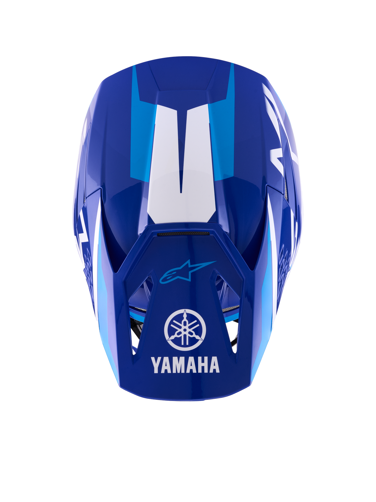 Kask Alpinestars Yamaha S-M3, kask motocrossowy, niebiesko-biały z połyskiem, widok z góry ukazujący daszek z białym logo i napisem Yamaha, jasnoniebieskie akcenty graficzne, agresywna aerodynamiczna konstrukcja skorupy