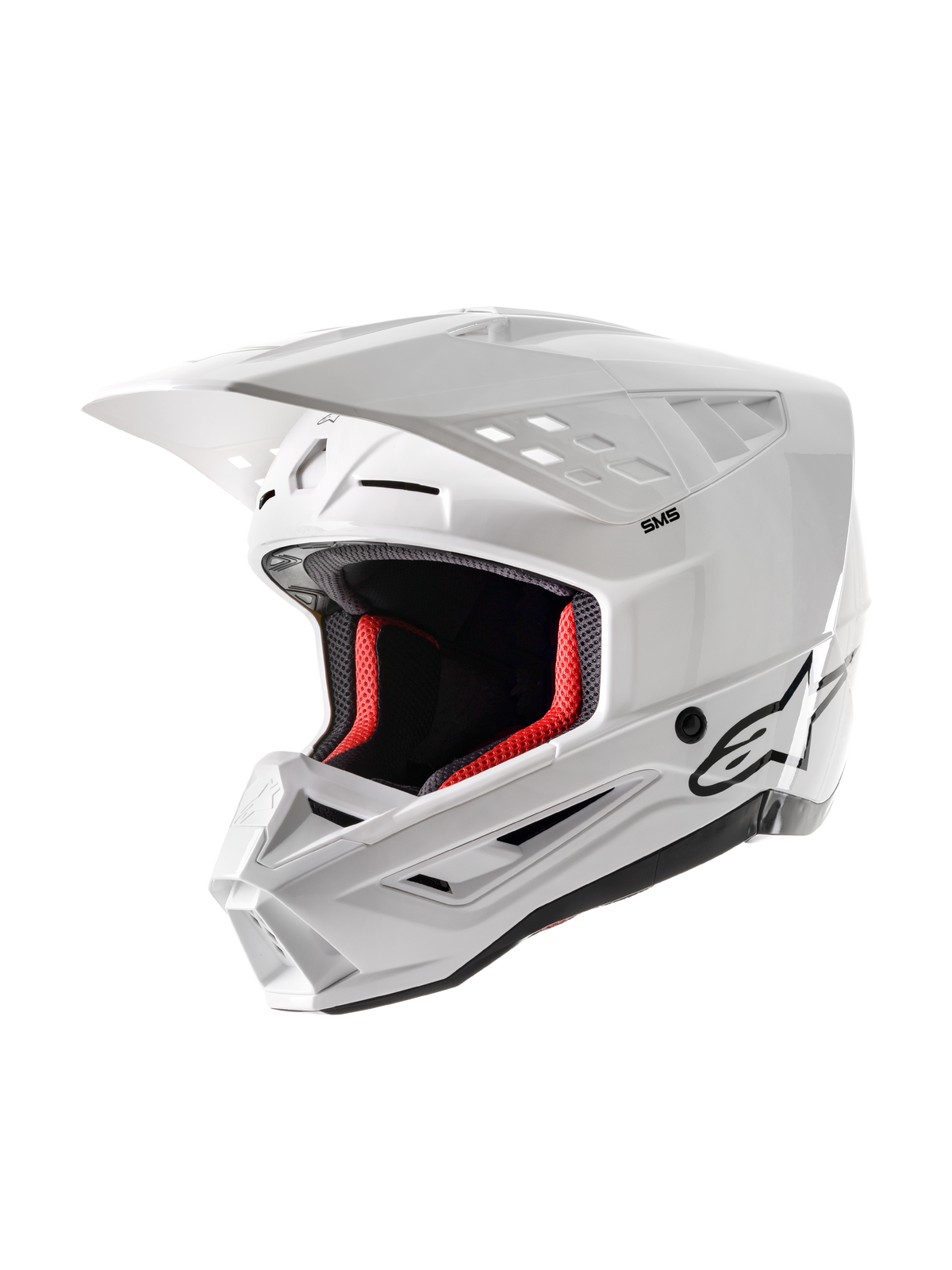 Alpinestars S-M5 Solid Helmet ECE 22.06, kask motocrossowy, biały z połyskiem, z czerwoną wyściółką, czarnym logo Alpinestars, aerodynamicznym daszkiem i licznymi otworami wentylacyjnymi dla ochrony w wyścigach off-road