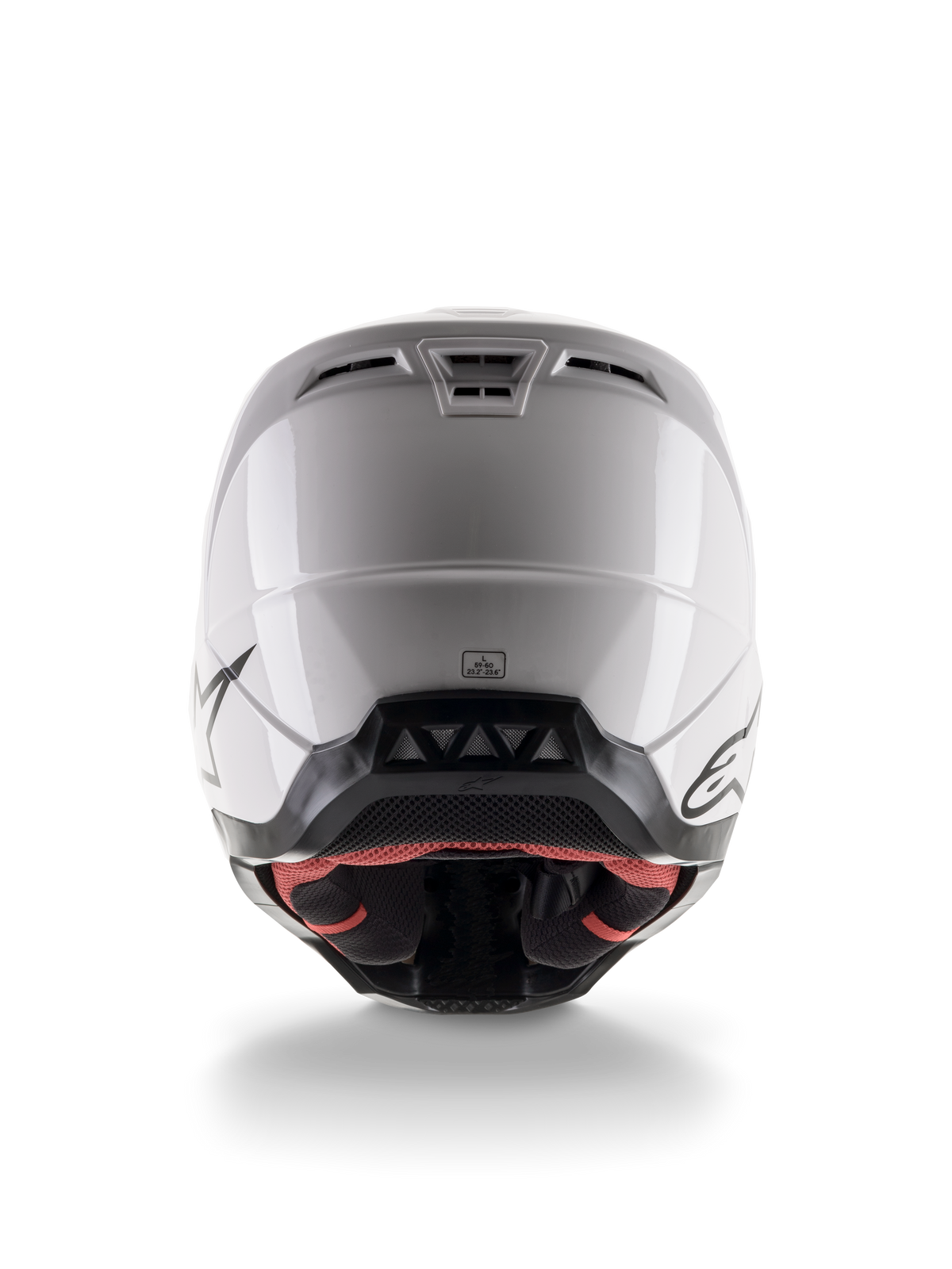 Alpinestars S-M5 Solid Helmet ECE 22.06, kask motocrossowy, biały błyszczący, widok z tyłu z aerodynamicznymi otworami wylotowymi i czarnym dolnym wykończeniem z logo, stylowy sprzęt ochronny do wyścigów terenowych
