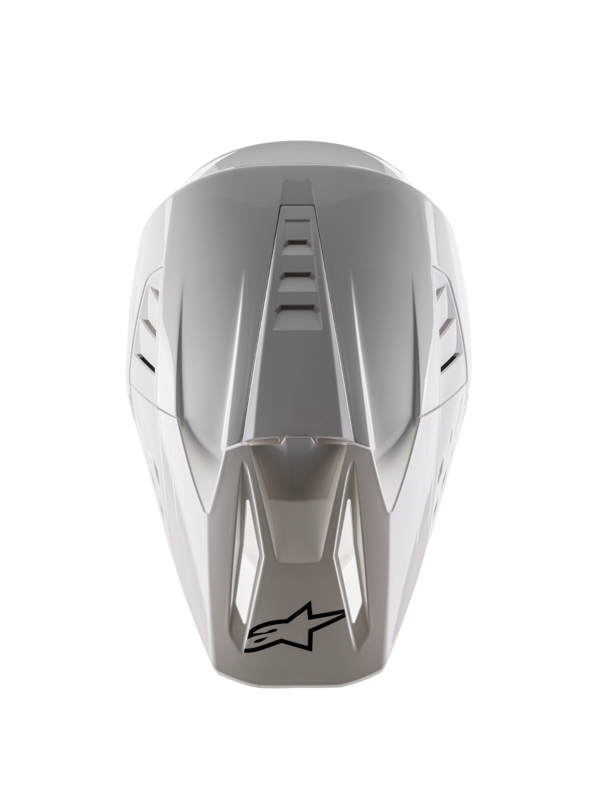 Alpinestars S-M5 Solid Helmet ECE 22.06, kask motocrossowy, biały błyszczący, widok z góry ukazujący górne otwory wentylacyjne oraz czarne logo na czubku daszka
