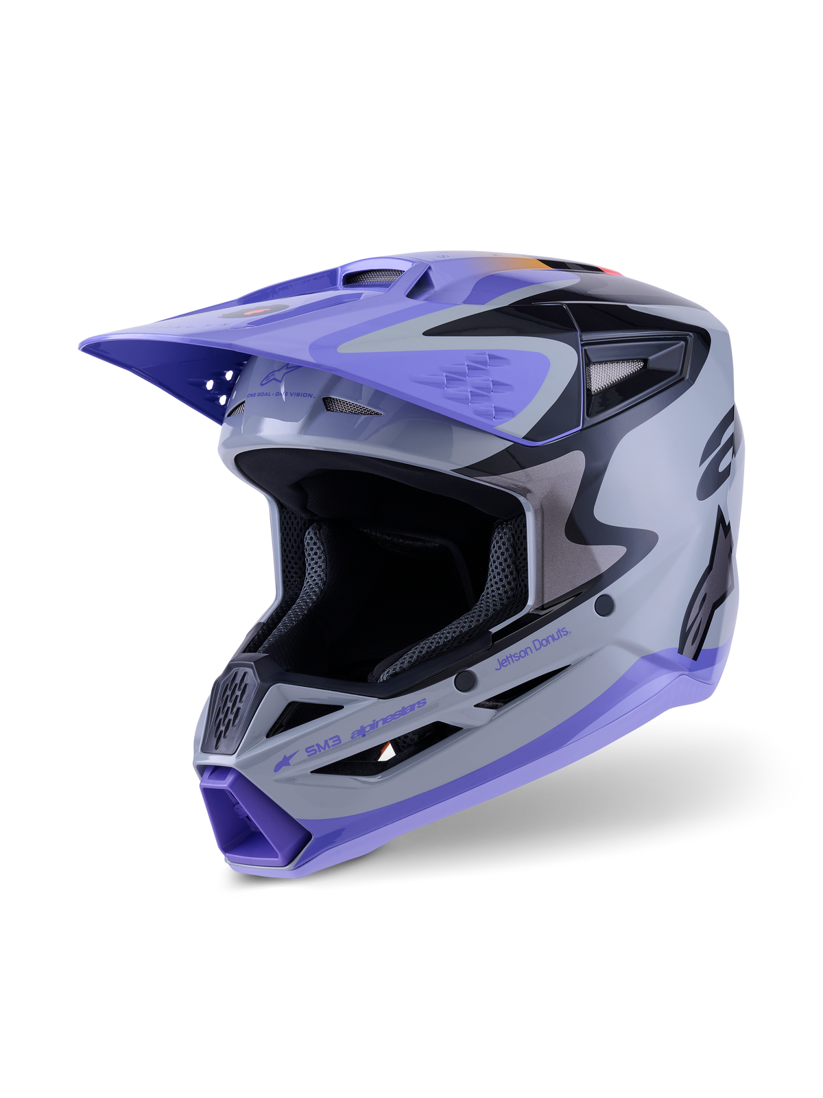 Alpinestars S-M3 Jettson Youth Helmet ECE 22.06, Motocross Helmet, Gray Purple and Black Glossy, featuring a purple visor and chin bar, aerodynamic shell with mesh ventilation ports, bold graphics for youth off-road racing
