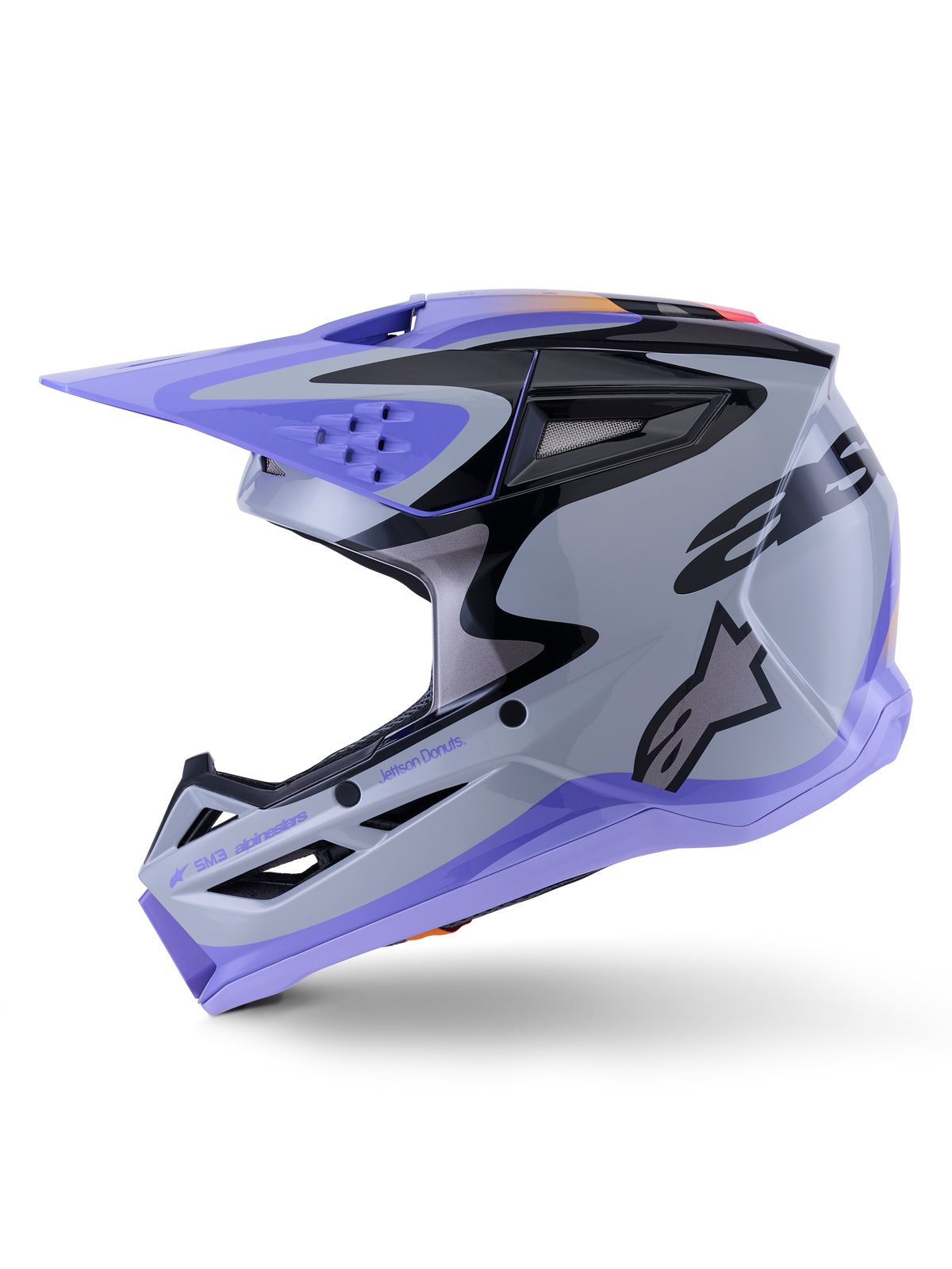 Alpinestars S-M3 Jettson Youth Helmet, Motocross Helmet, Gray Purple and Black Glossy, featuring purple visor and lower trim, black graphic patterns with side logo, professional head protection for youth off-road racing