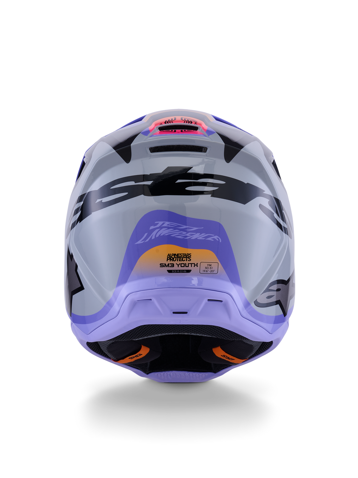 Alpinestars S-M3 Jettson Youth Helmet ECE 22.06, Motocross Helmet, Rear view in Gray Purple and Black Glossy, featuring Jett Lawrence signature graphic, bold black branding, and ventilation ports, glossy finish for off-road racing