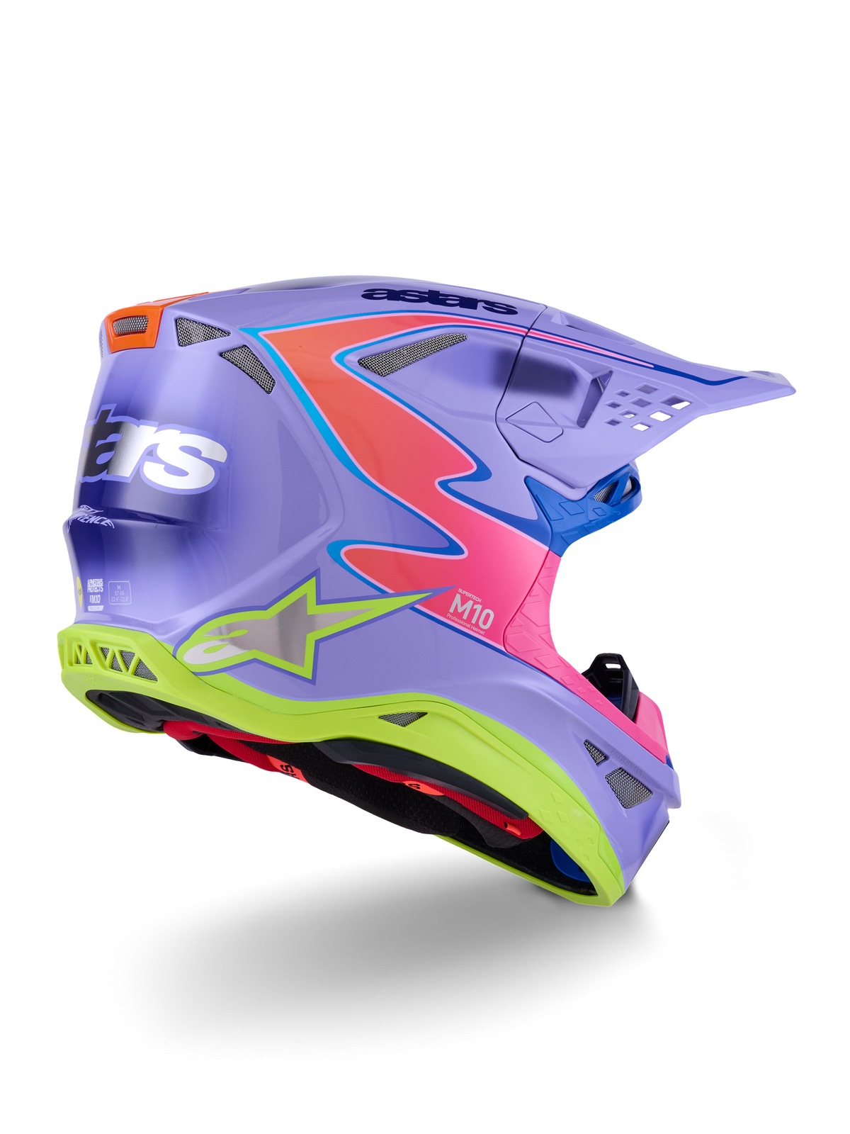 Alpinestars Supertech M10 Jett Lawrence R01 Helmet, kask motocrossowy, fioletowy z różowymi i neonowymi żółtymi akcentami, odważny wzór graficzny z logo Alpinestars, aerodynamiczna skorupa z otworami wentylacyjnymi i daszkiem ochronnym