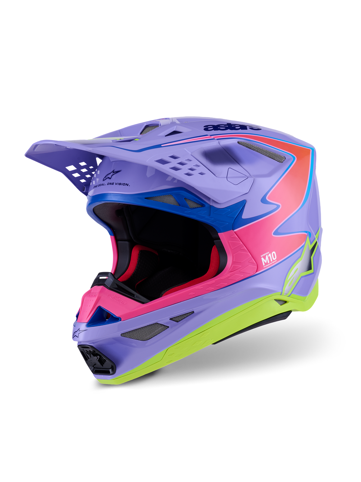 Alpinestars Supertech M10 Jett Lawrence R01 Helmet, kask motocrossowy, fioletowo-różowy i fluorescencyjny żółty połysk, aerodynamiczny design z wielokompozytową skorupą z włókna węglowego, liczne otwory wentylacyjne i dynamiczna grafika wyścigowa dla wydajności w terenie