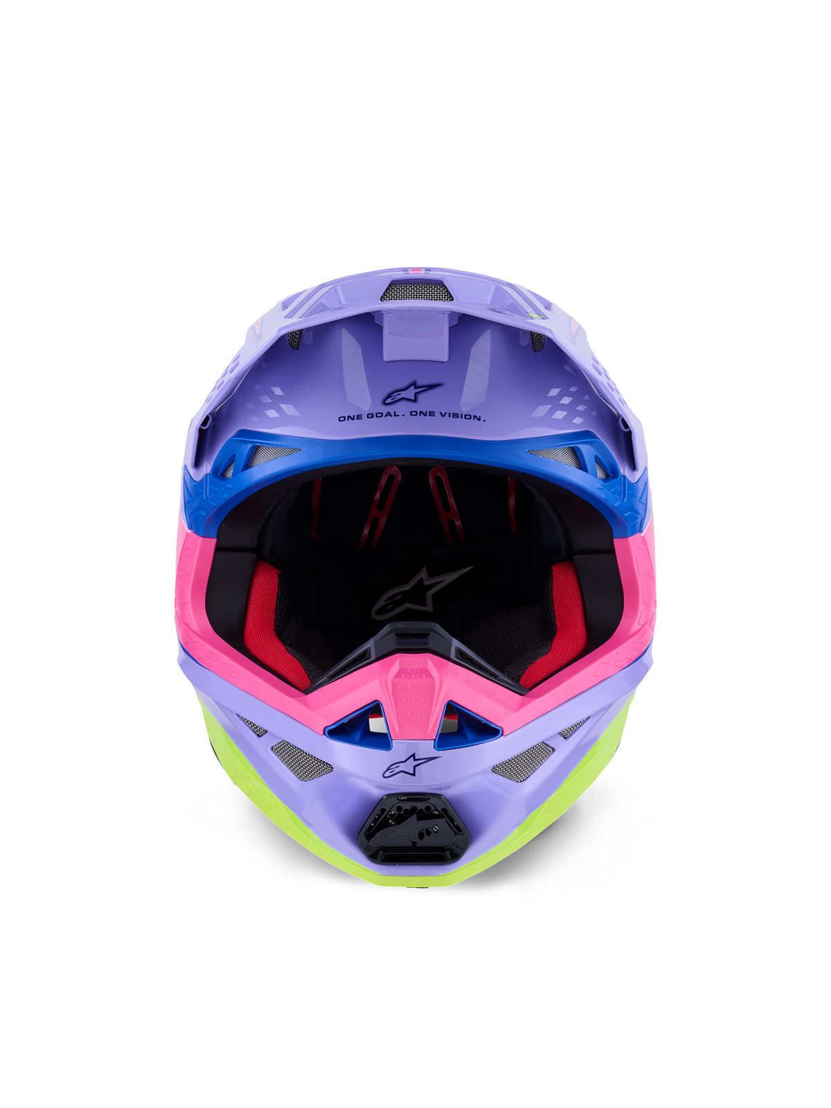 Kask Alpinestars Supertech M10 Jett Lawrence R01, kask motocrossowy, fioletowy, różowy i neonowy żółty z połyskiem, widok z przodu pokazujący wewnętrzną wyściółkę i część szczękową, napis „ONE GOAL. ONE VISION.” pod daszkiem, kolorowa grafika wyścigowa z niebieskimi akcentami