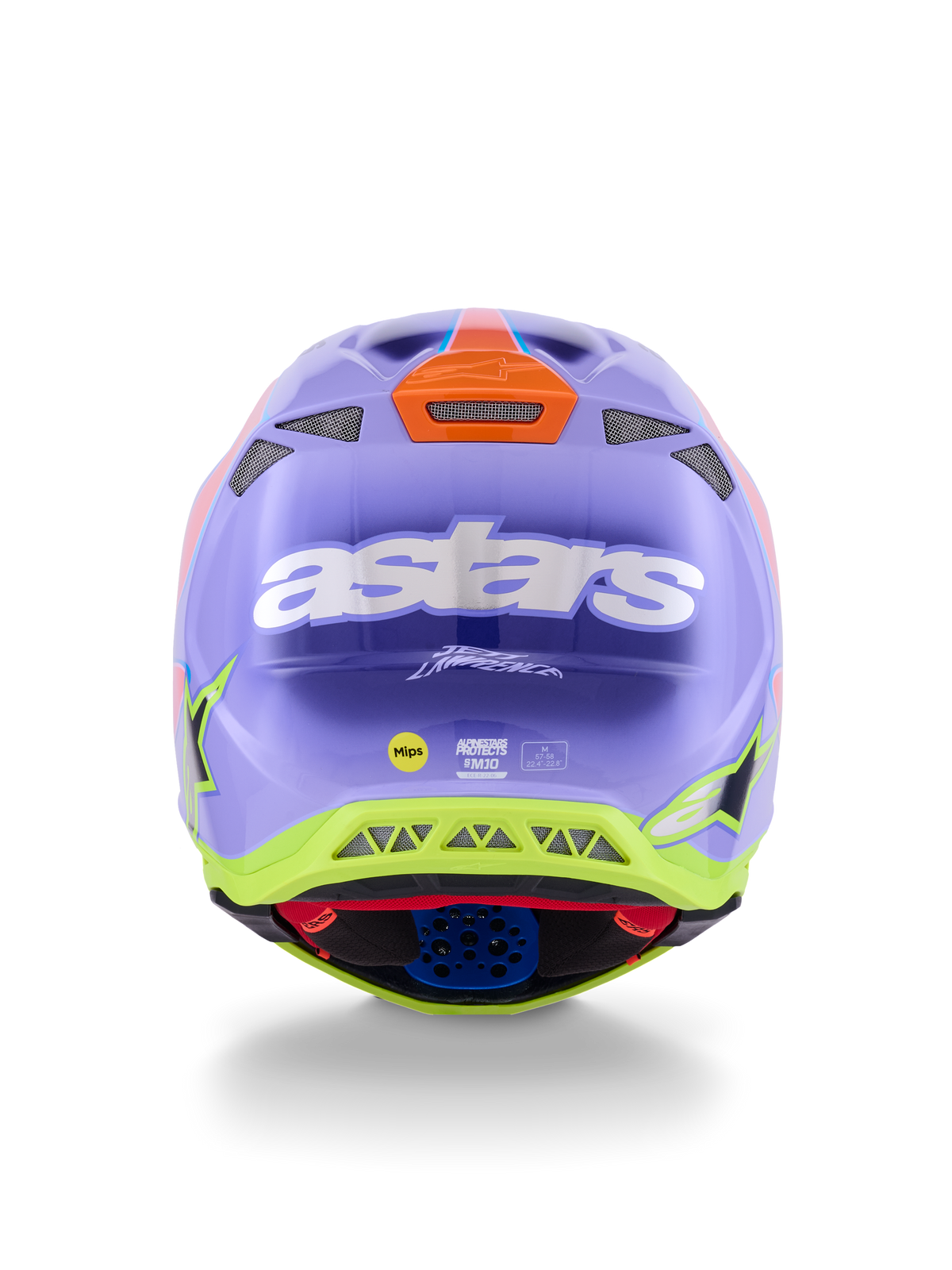 Kask Alpinestars Supertech M10 Jett Lawrence R01, kask motocrossowy, fioletowo-różowy i fluorescencyjny żółty, widok z tyłu z wyraźnym białym logo astars, podpisem Jetta Lawrence'a i licznymi otworami wentylacyjnymi, smukły aerodynamiczny design do wyścigów off-road