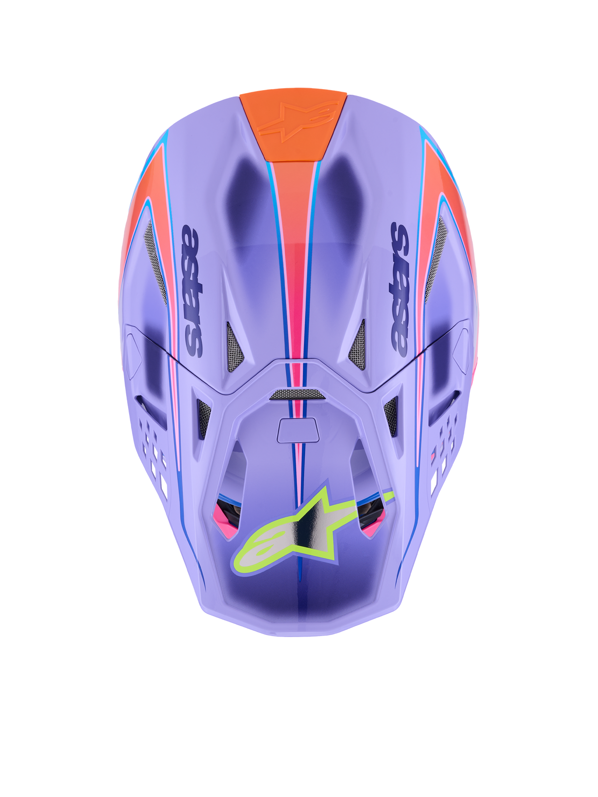 Kask Alpinestars Supertech M10 Jett Lawrence R01, kask motocrossowy, fioletowy z różowymi i pomarańczowymi grafikami, widok z góry ukazujący otwory wentylacyjne i aerodynamiczną skorupę, neonowożółte logo gwiazdy na daszku, zaawansowana konstrukcja z włókna węglowego do wyścigów terenowych