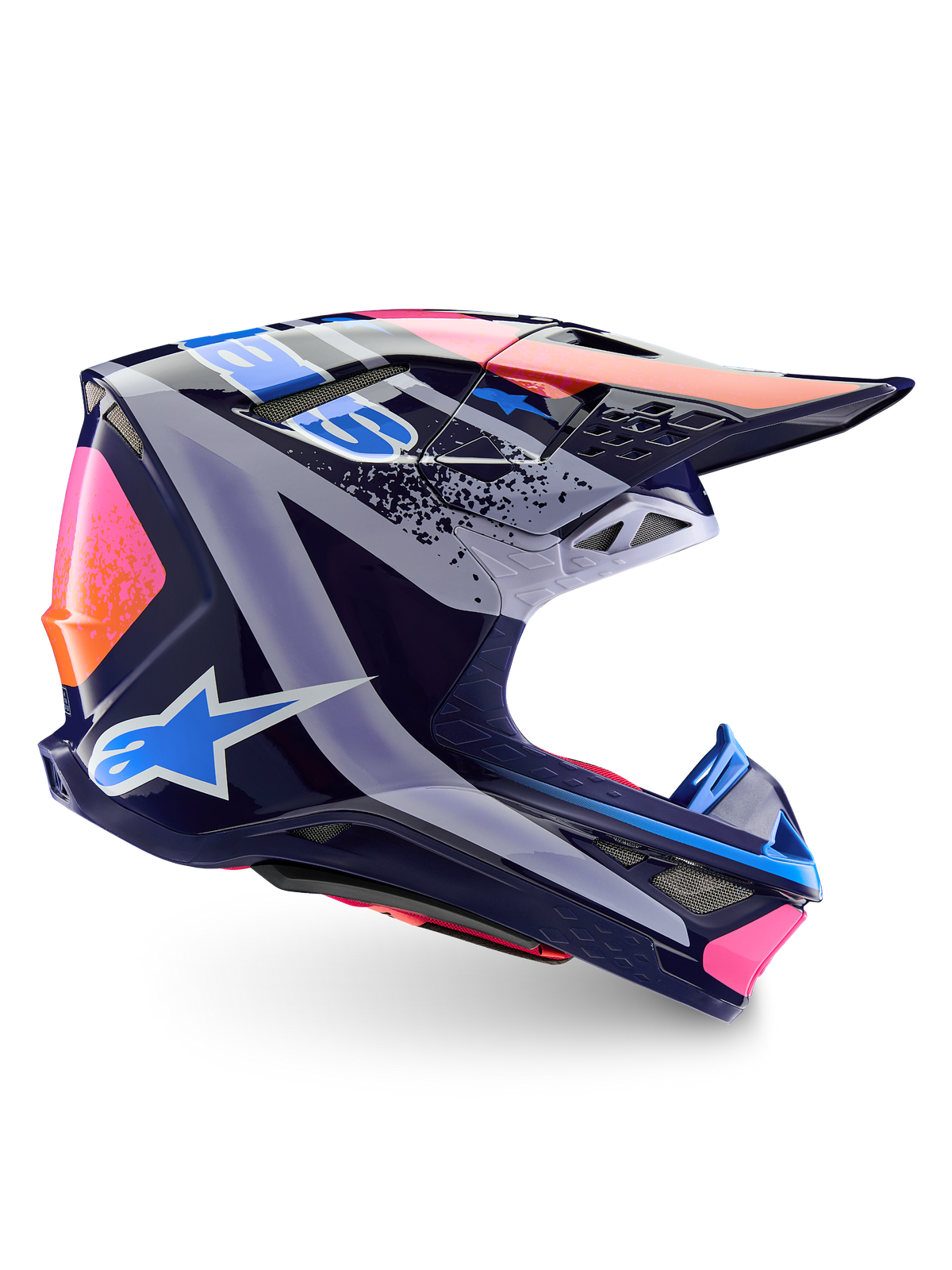 Alpinestars Limited Edition Supertech M10 Records Helmet, kask motocrossowy, wielokolorowy błyszczący, granatowa baza z jaskrawymi różowymi, pomarańczowymi i jasnoniebieskimi grafikami Records, widok z boku ukazujący aerodynamiczną skorupę, daszek i otwory wentylacyjne