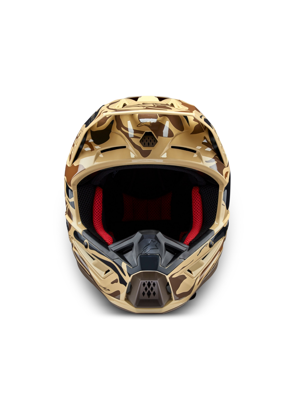Kask Alpinestars S-M5 Mineral, kask motocrossowy, brązowy kamuflaż, certyfikat ECE 22.06, widok z przodu, czerwona wyściółka