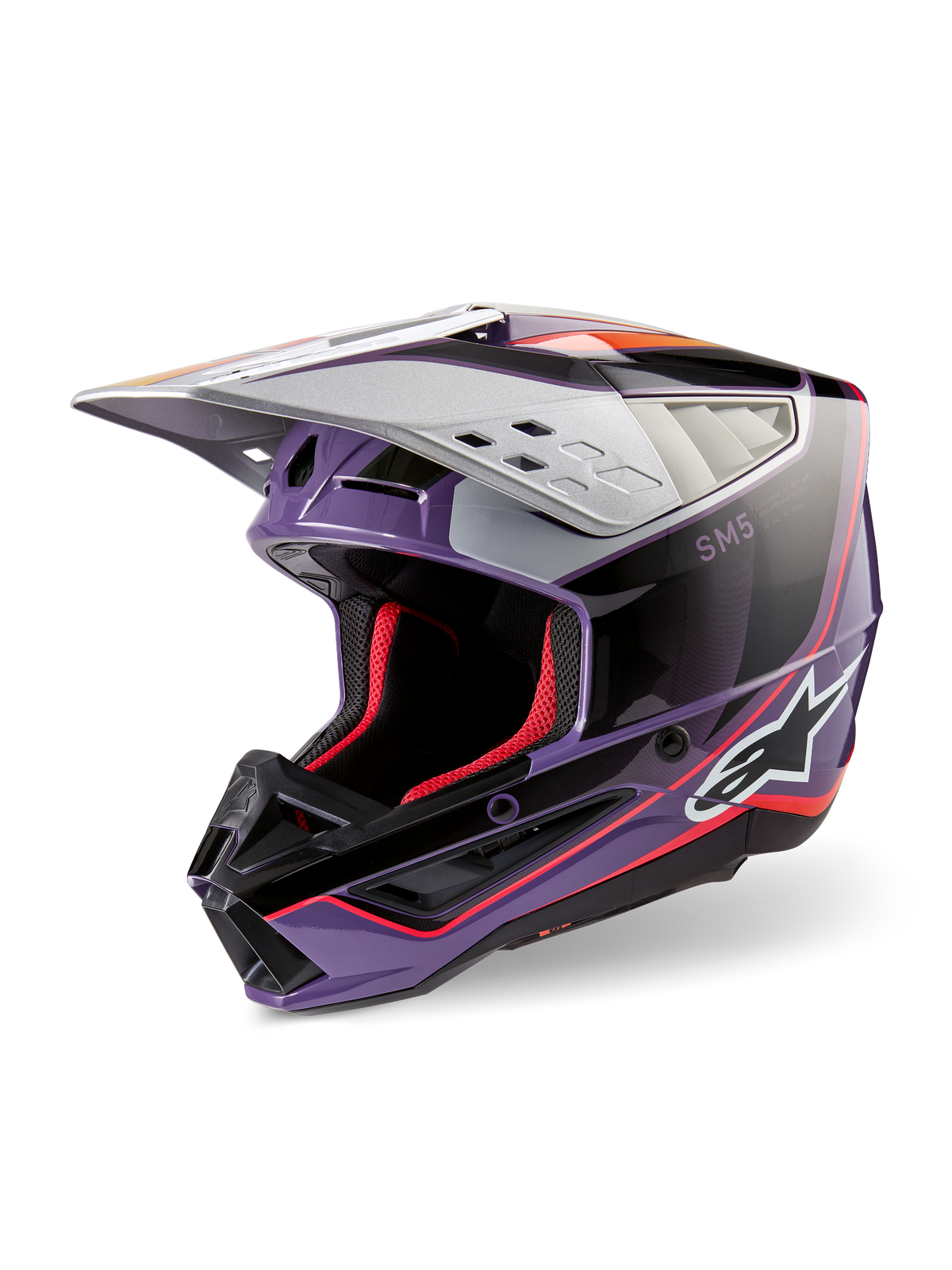 Alpinestars S-M5 Sail Helmet ECE, kask motocrossowy, fioletowo-czarno-srebrny błyszczący, z czerwoną wewnętrzną wyściółką i akcentami, błyszczące wykończenie z wyraźnym logo Alpinestars, aerodynamiczny srebrny daszek, profesjonalny sprzęt ochronny off-road