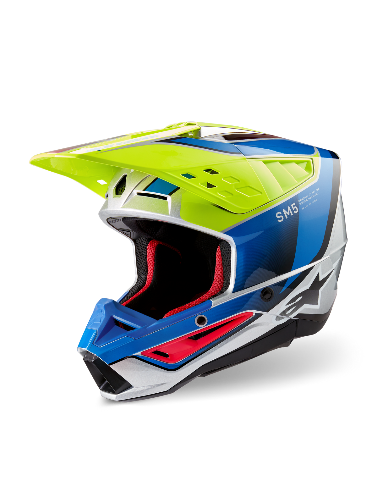 Alpinestars S-M5 Sail Helmet ECE, kask motocrossowy, żółty neonowy, niebieski i srebrny błyszczący, aerodynamiczna skorupa termoplastyczna, czerwona wyściółka wewnętrzna, daszek z wydajną wentylacją do jazdy w terenie