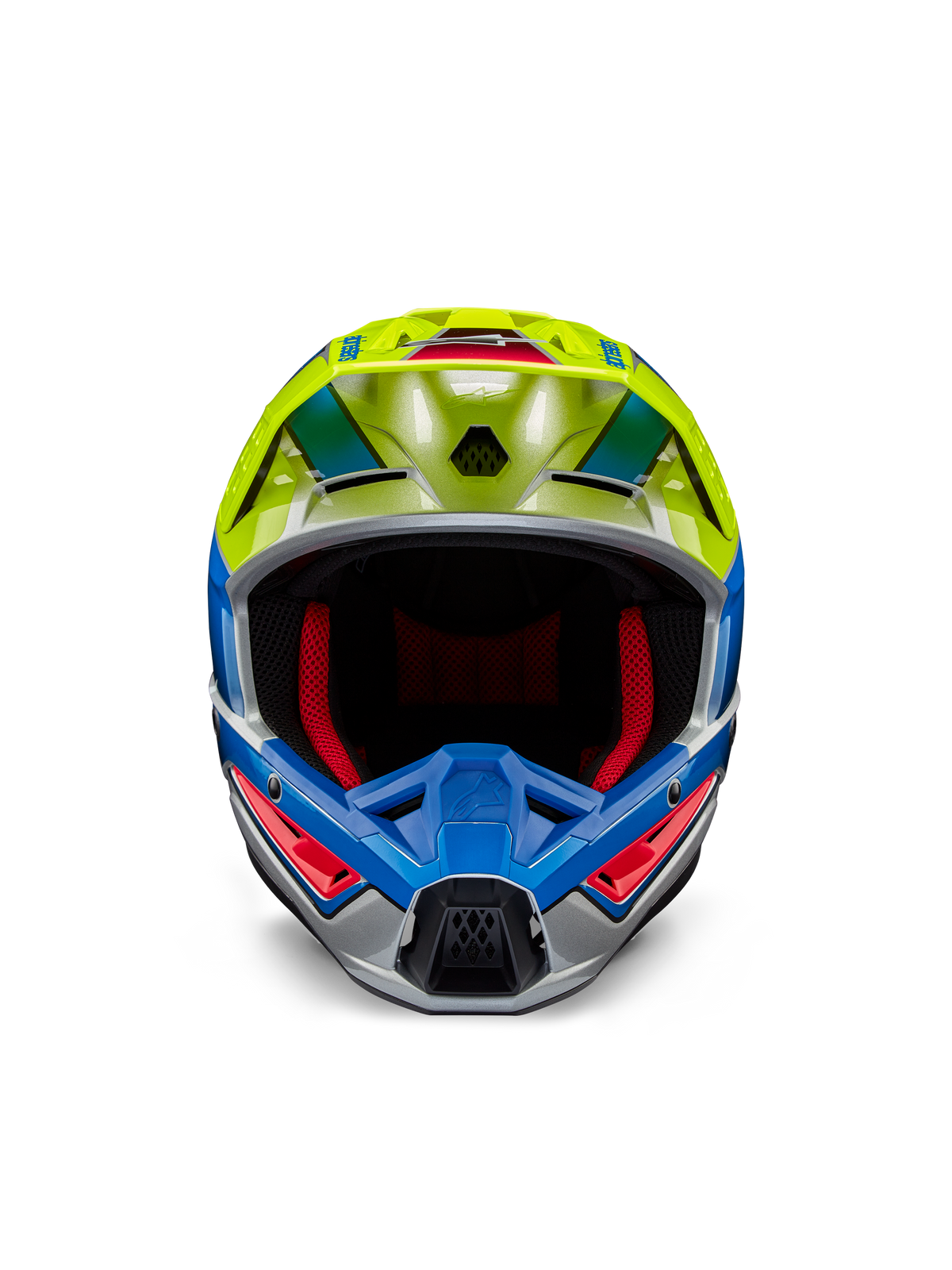 Alpinestars S-M5 Sail Helmet ECE, kask motocrossowy, żółty neonowy i niebieski ze srebrnym połyskiem, widok z przodu ukazujący czerwoną wyściółkę i aerodynamiczny daszek, profesjonalna ochrona głowy do jazdy terenowej