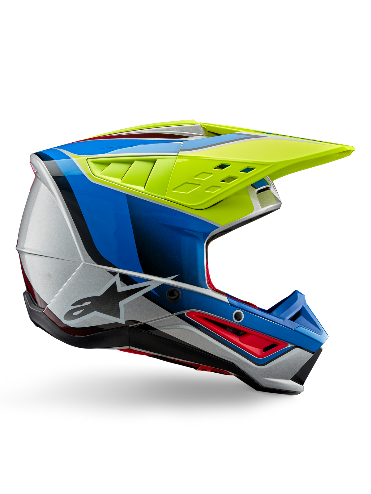 Kask Alpinestars S-M5 Sail ECE, kask motocrossowy, żółty fluo, niebieski i srebrny błyszczący, profil boczny z czerwonymi akcentami i czarnym logo gwiazdy, kanciasty design z otworami wentylacyjnymi, profesjonalna ochrona off-road