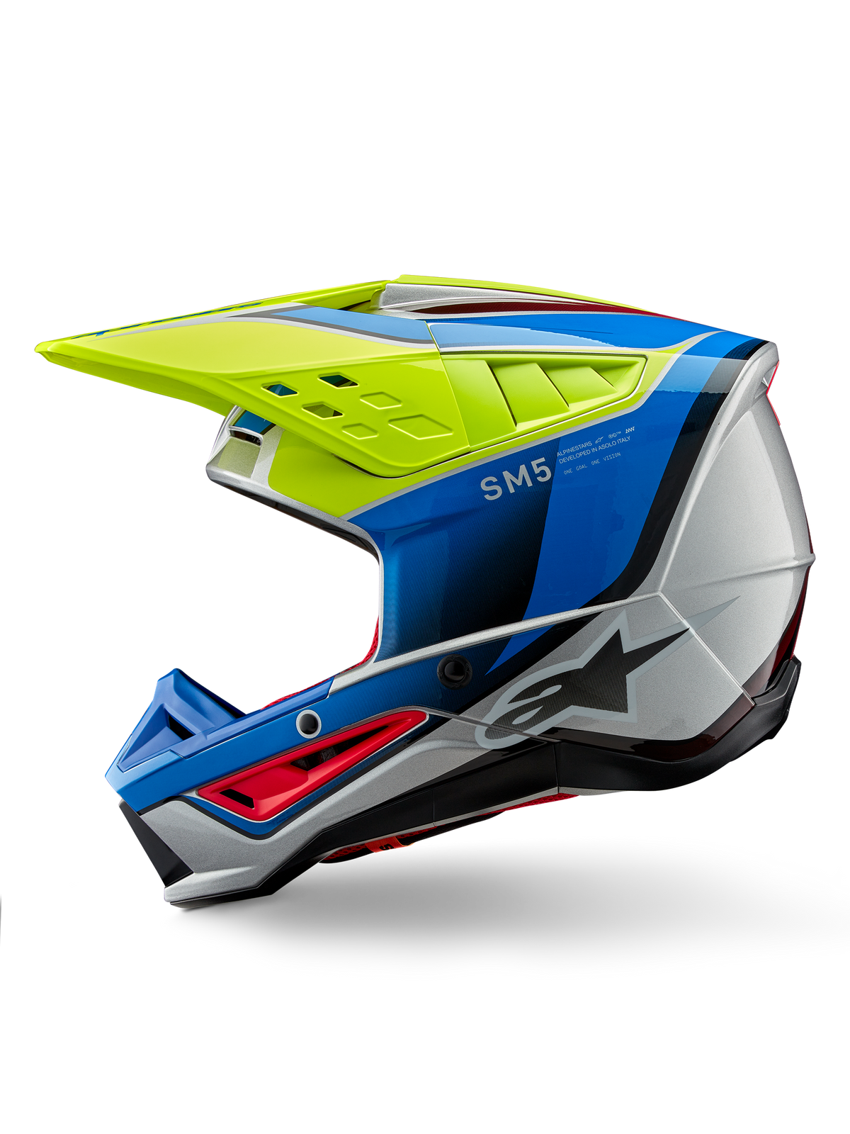 Alpinestars S-M5 Sail Helmet ECE, kask motocrossowy, żółty neonowy, niebieski i srebrny błyszczący, widok z profilu, aerodynamiczna konstrukcja, wentylowany daszek, wyraźne logo Alpinestars, profesjonalna ochrona głowy do jazdy terenowej