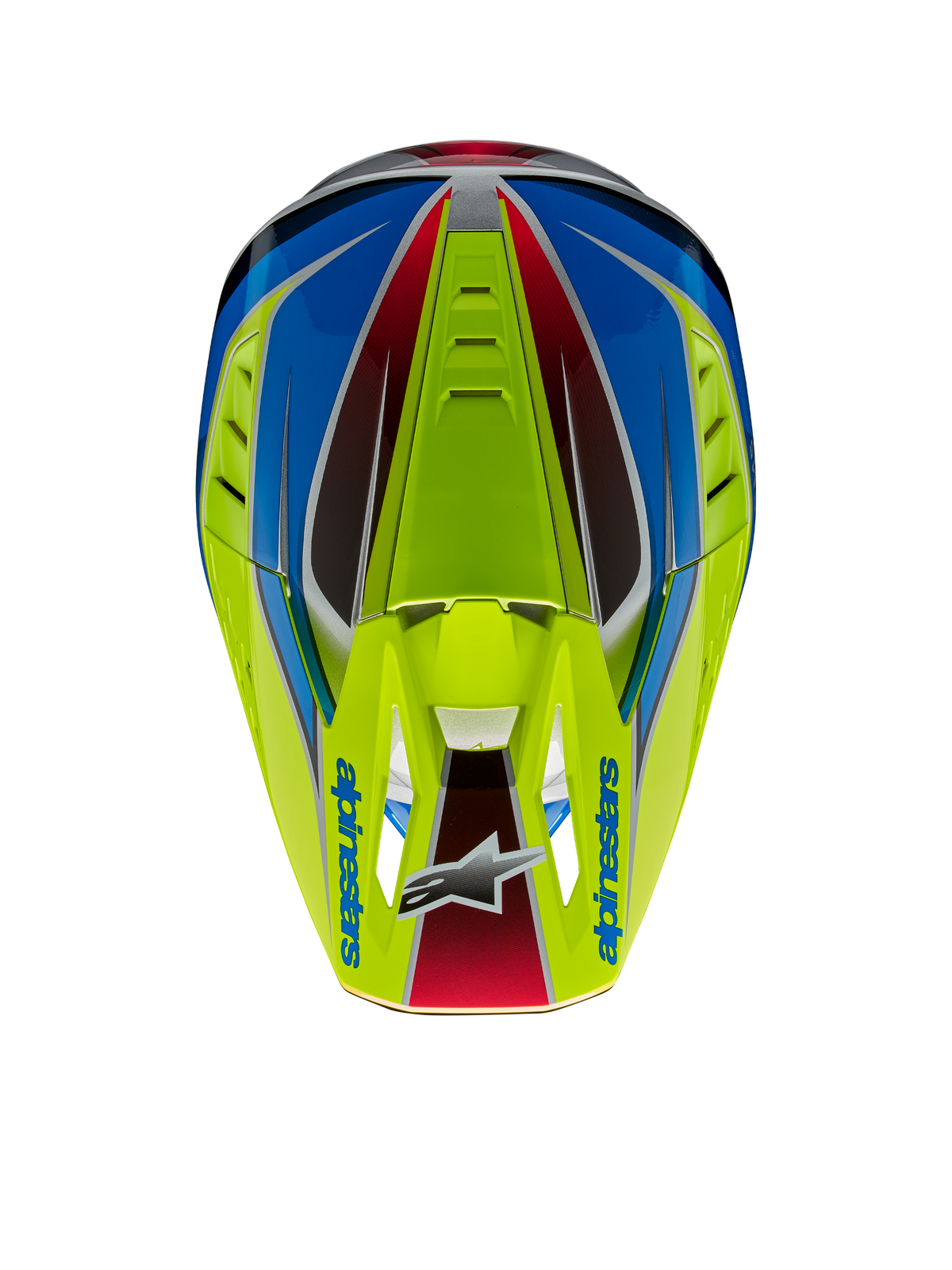 Alpinestars S-M5 Sail Helmet ECE, kask motocrossowy, żółty neonowy, niebieski i srebrny błyszczący, widok z góry ukazujący daszek z logo Alpinestars oraz zintegrowane otwory wentylacyjne