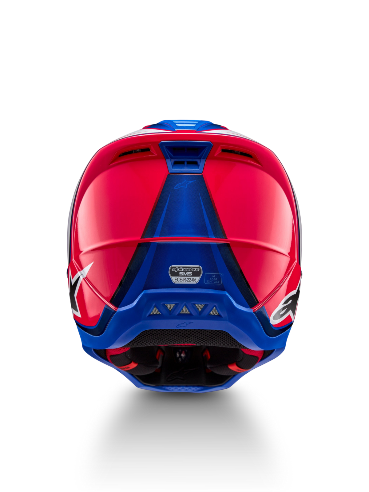 Alpinestars S-M5 Sail, kask motocrossowy, różowy i niebieski, widok z tyłu, wyloty wentylacyjne, certyfikat ECE 22.06