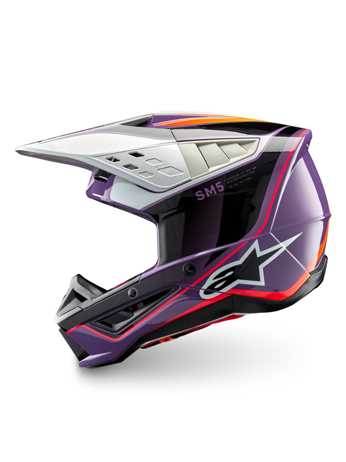 Alpinestars kask S-M5 Sail, kask motocrossowy, fioletowy i czarny, certyfikat ECE 22.06, lekka skorupa termoplastyczna.