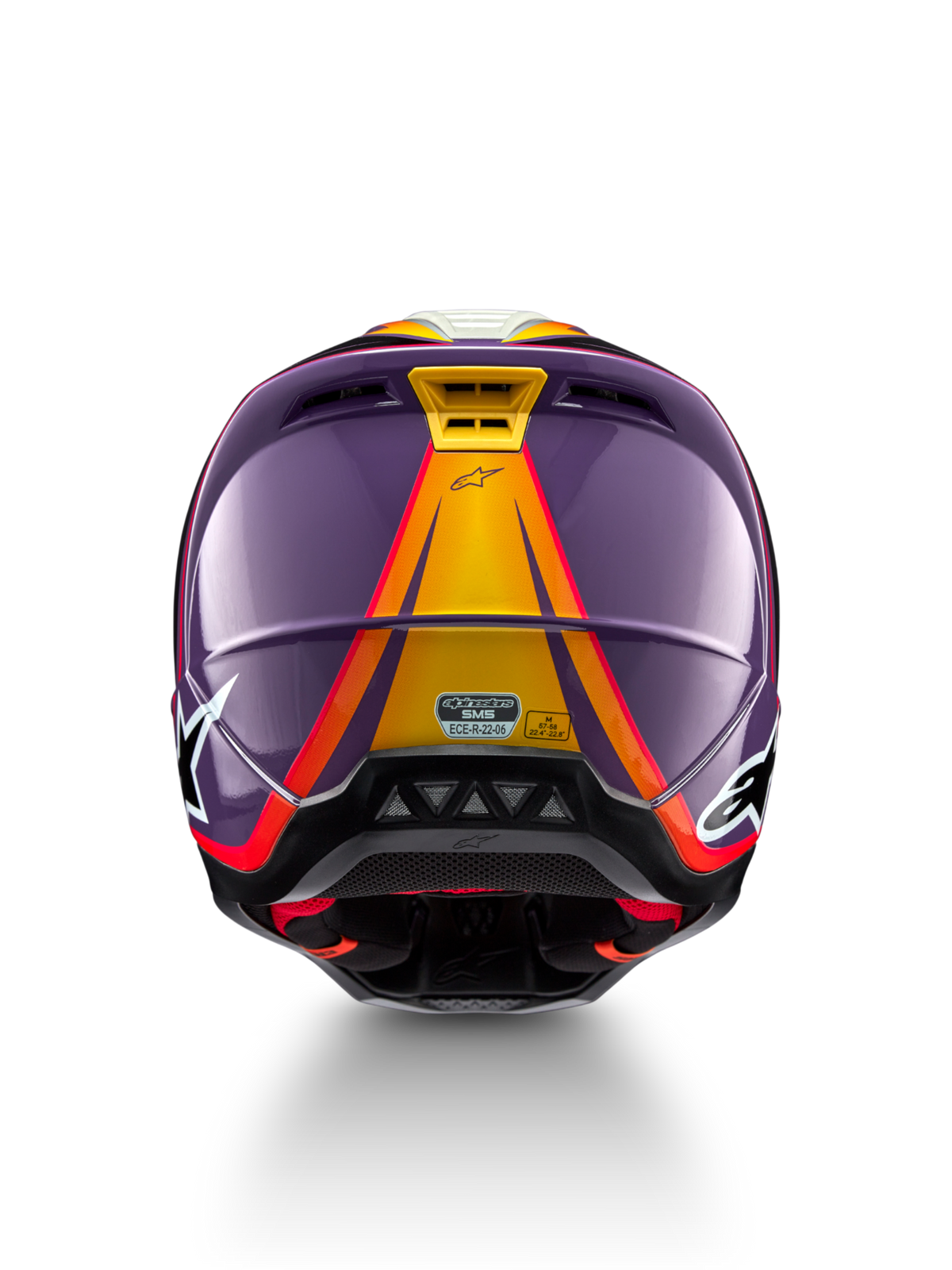 Alpinestars kask S-M5 Sail, fioletowy i żółty kask motocrossowy, rozmiar M, certyfikat ECE 22.06, widok z tyłu.