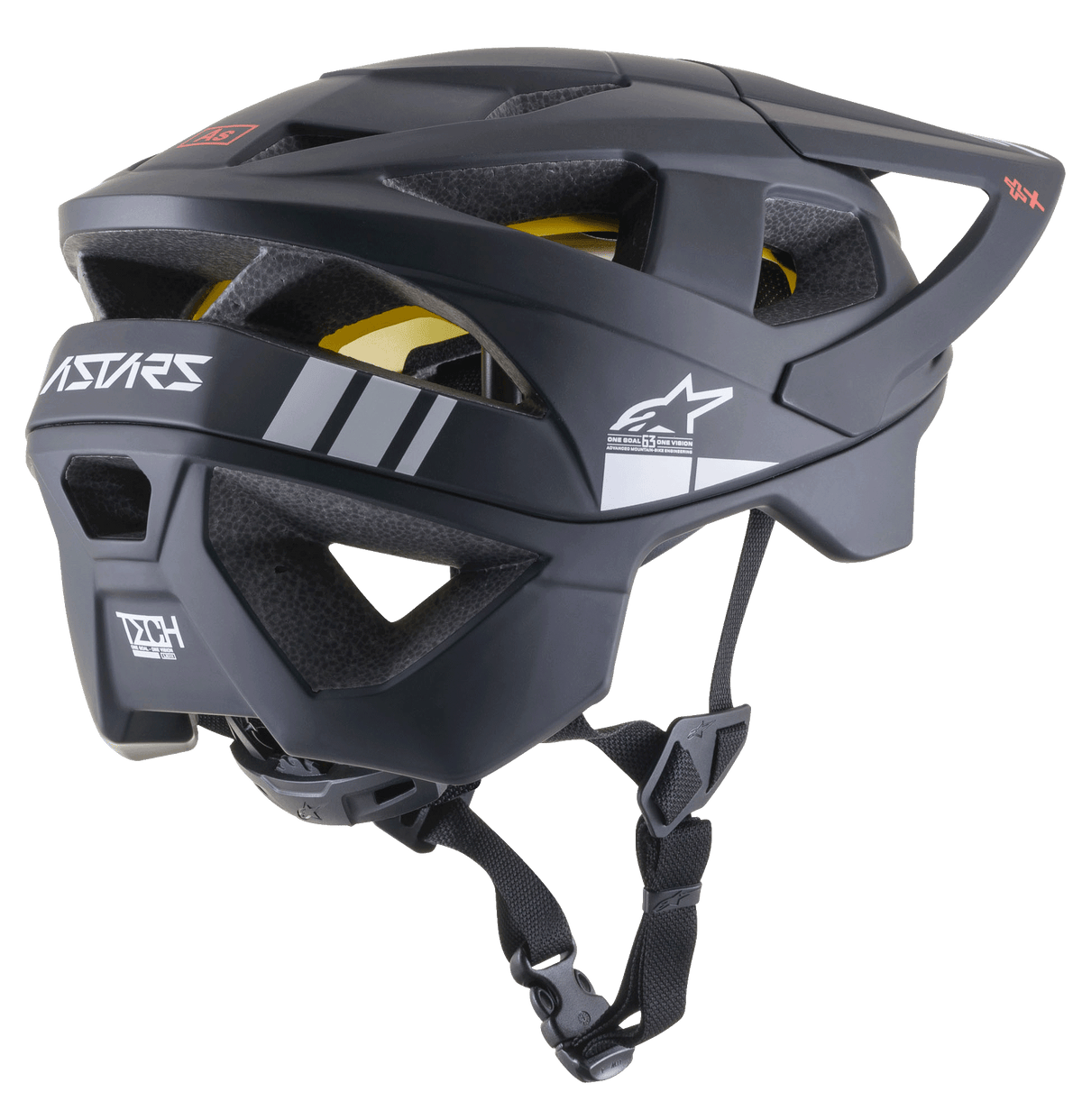 Kask MTB Alpinestars Vector Tech A1, kask do jazdy na rowerze górskim, czarny matowy z jasnoszarymi akcentami, profil boczno-tylny ukazujący otwory wentylacyjne, białe logo gwiazdy Alpinestars, branding ASTARS oraz widoczna żółta wkładka MIPS, z regulowanym czarnym paskiem podbródkowym.