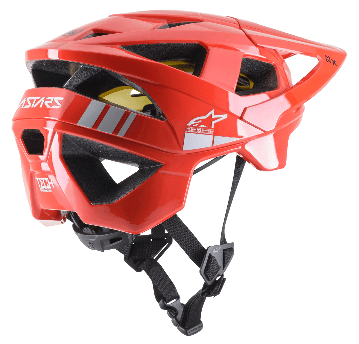 Kask MTB Alpinestars Vector Tech A2, kask rowerowy górski, jasnoczerwony i jasnoszary z połyskiem, 19 otworów wentylacyjnych, białe logo, żółta wyściółka MIPS, regulowany czarny pasek podbródkowy, wytrzymały i lekki, zapewnia ochronę w terenie