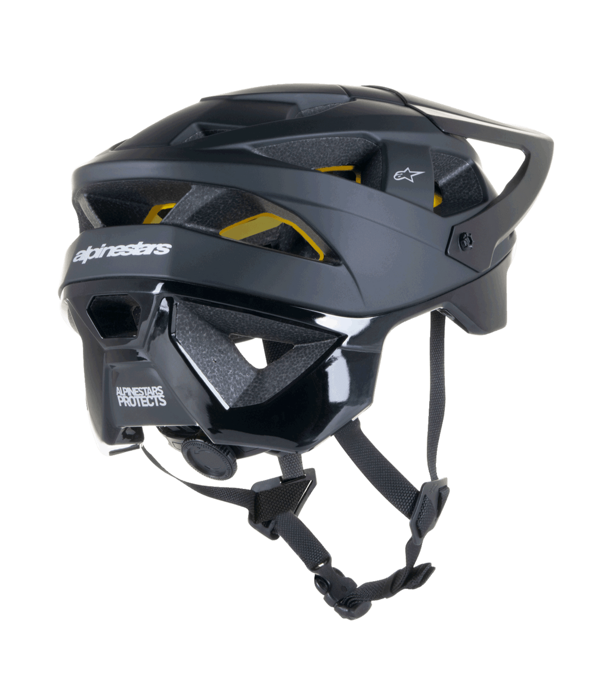 Alpinestars Vector Tech Solid Helmet, MTB cycling helmet, Black Matte and Glossy finish, featuring Mips protection, 19 air vents, and extended nape coverage for off-road trail protection.