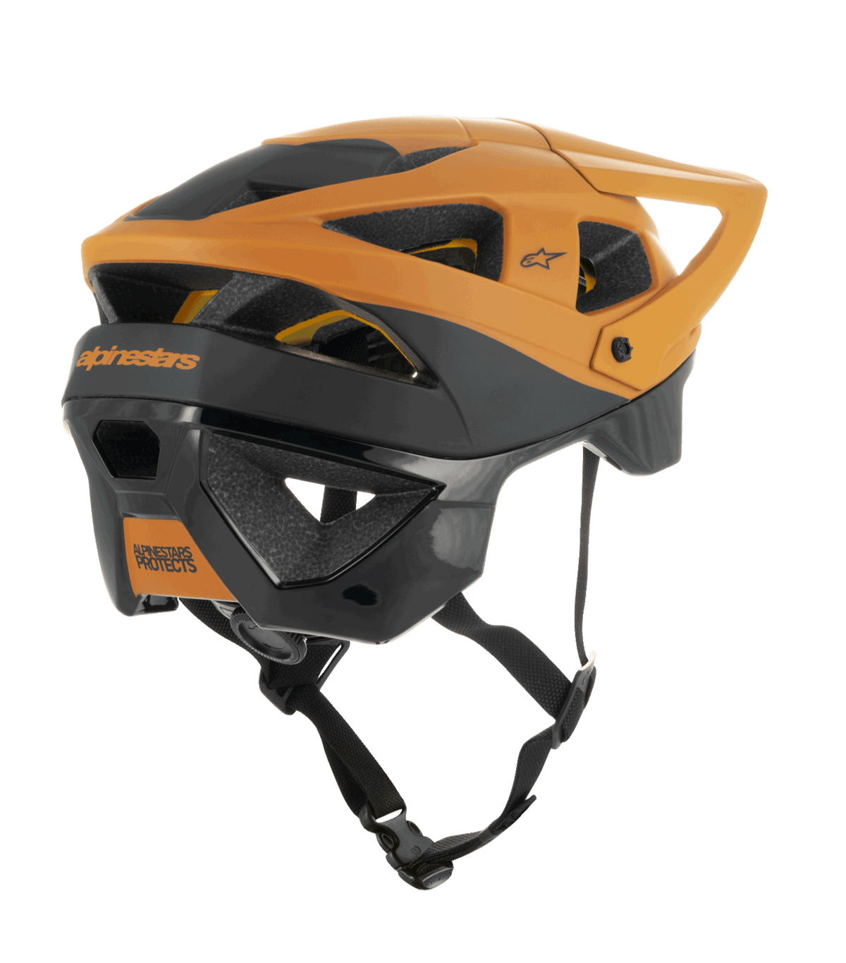 Alpinestars Vector Tech Zeal Helmet, MTB Helmet, Black and Dark Gold, rear-side view showing multiple ventilation ports, adjustable visor, and secure black chin strap, protective mountain bike gear with Alpinestars branding