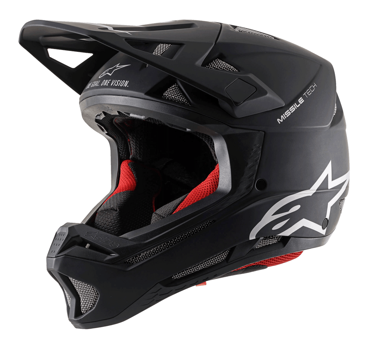 Kask Alpinestars Missile Tech Solid, czarny matowy kask downhill MTB z czerwoną wyściółką i siatkowymi otworami.