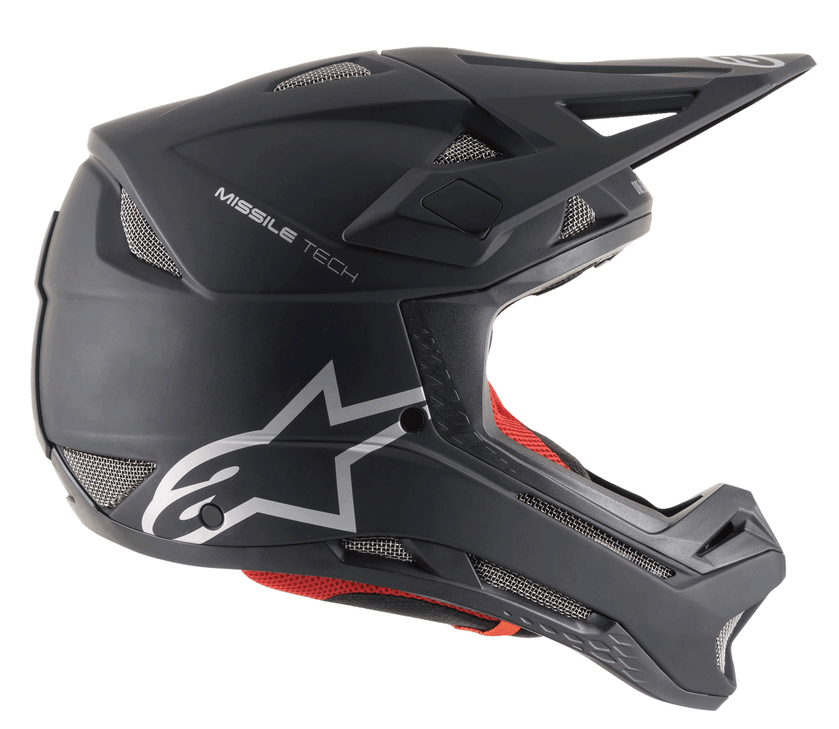 Kask Alpinestars Missile Tech Solid, czarny mat, rowerowy model full-face MTB z siatkowymi wlotami i srebrnym logo.