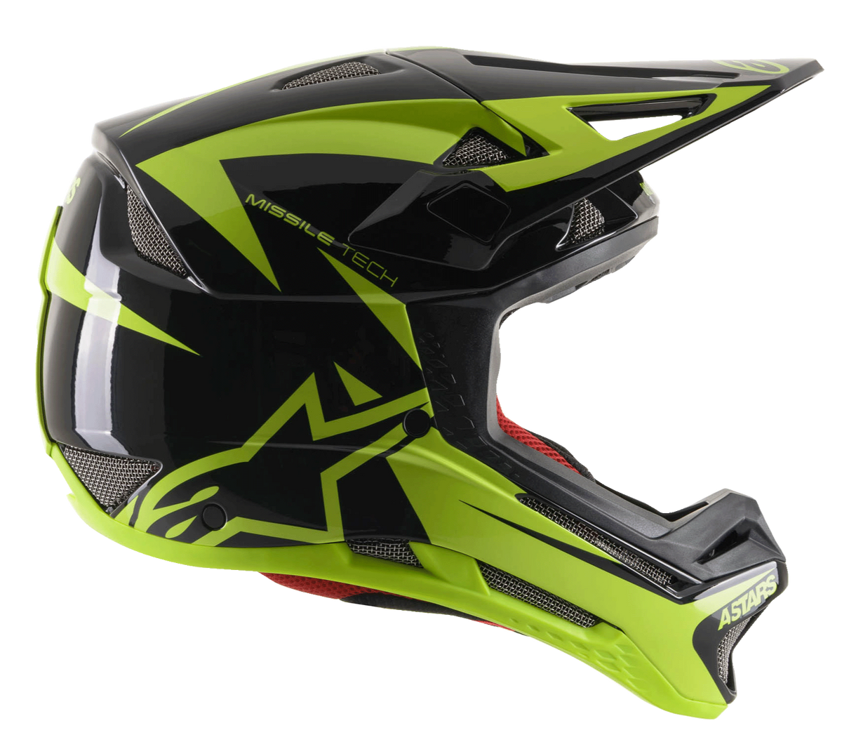 Kask Alpinestars Missile Tech-Air Full Face, kask MTB do downhillu, czarny i żółty fluo z połyskiem, widok z profilu z aerodynamicznymi siatkowymi otworami wentylacyjnymi, duże fluorescencyjne żółte logo gwiazdy i branding MISSILE TECH, czerwona wyściółka wewnętrzna, smukły wyczynowy design do kolarstwa górskiego