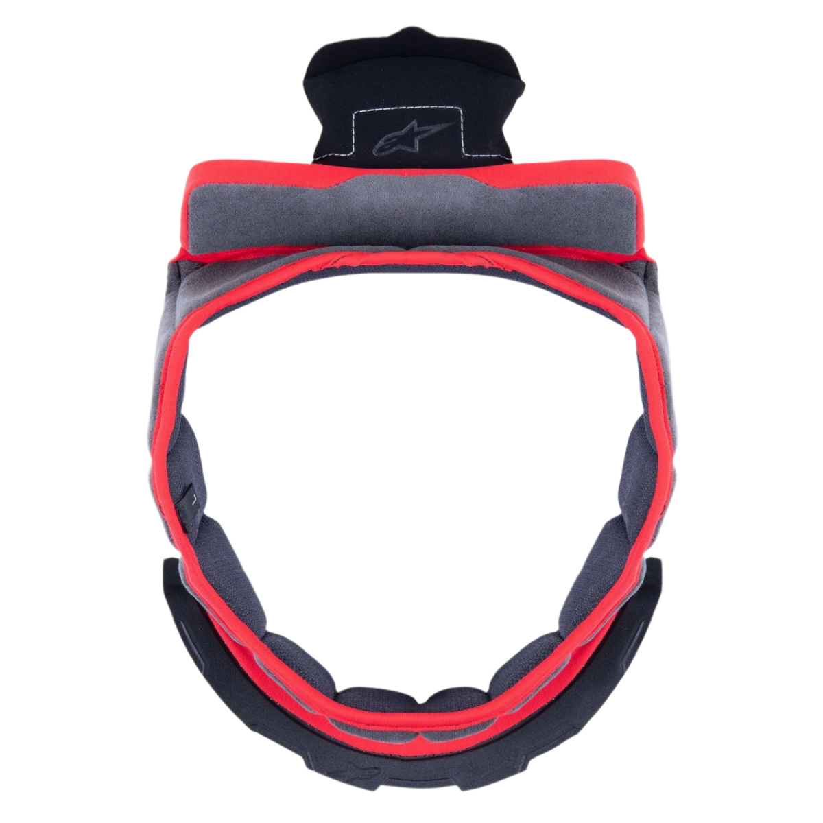 Alpinestars Supertech R10 Crown Pad, szara wymienna wyściółka górna kasku, okrągły kształt z czerwoną lamówką i szarym materiałem, czarne plastikowe elementy mocujące z logo Alpinestars, akcesorium do personalizacji dopasowania i komfortu kasku